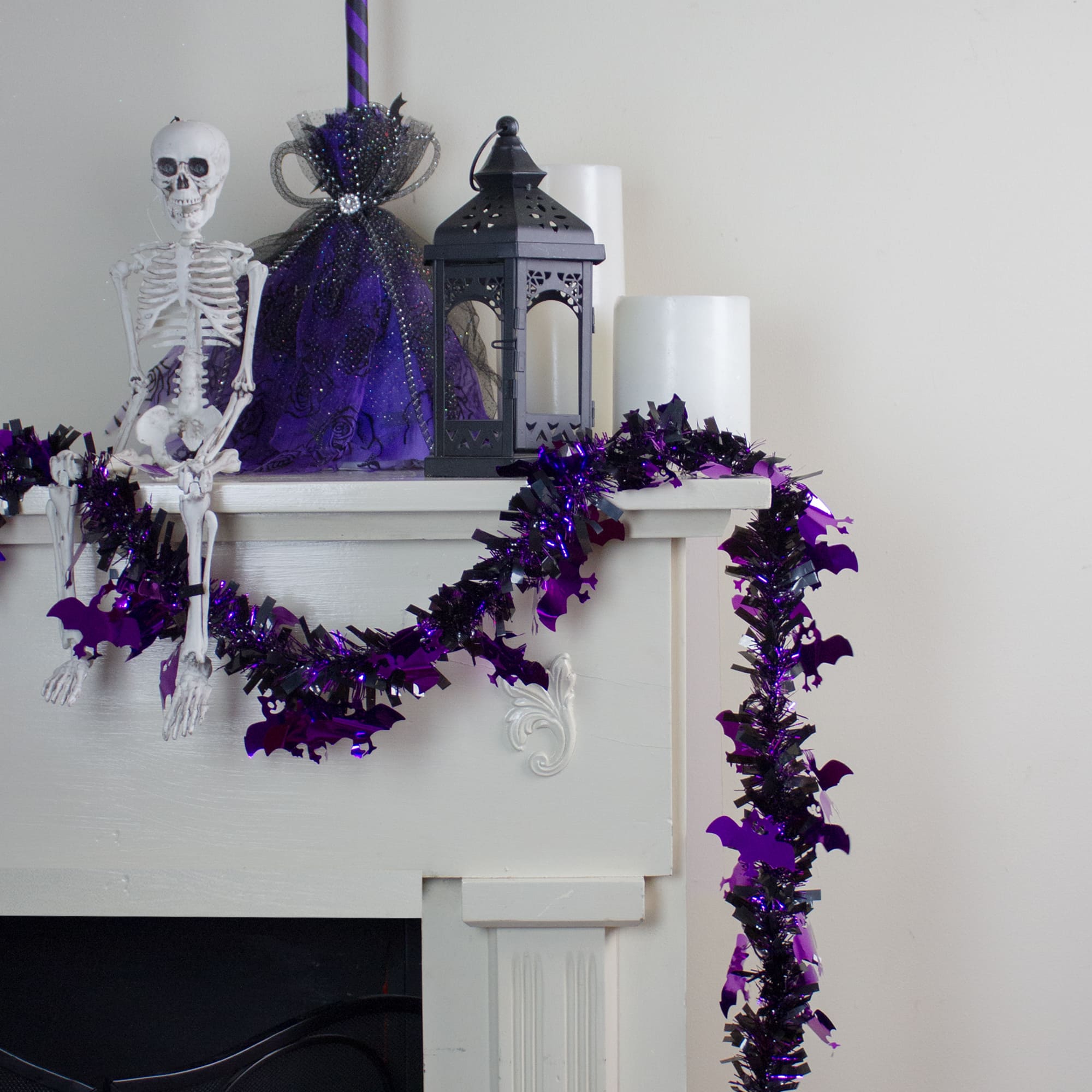 50ft. Black &#x26; Purple Bats Halloween Tinsel Garland