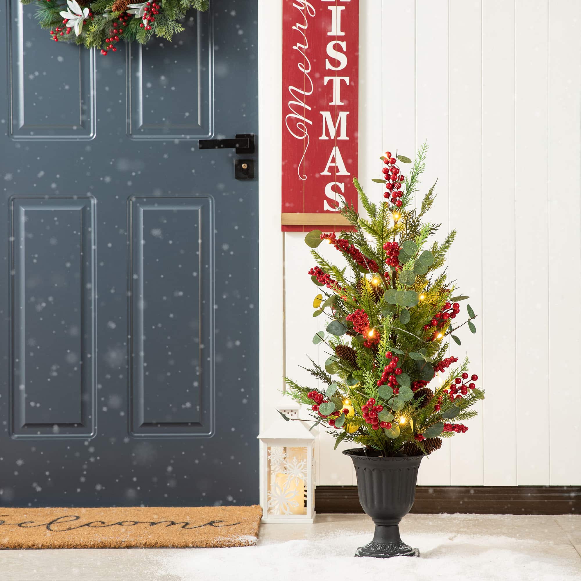 3ft. Pre-Lit Pine Needle &#x26; Eucalyptus Leaf Artificial Urn Christmas Porch Tree, Warm White LED Lights