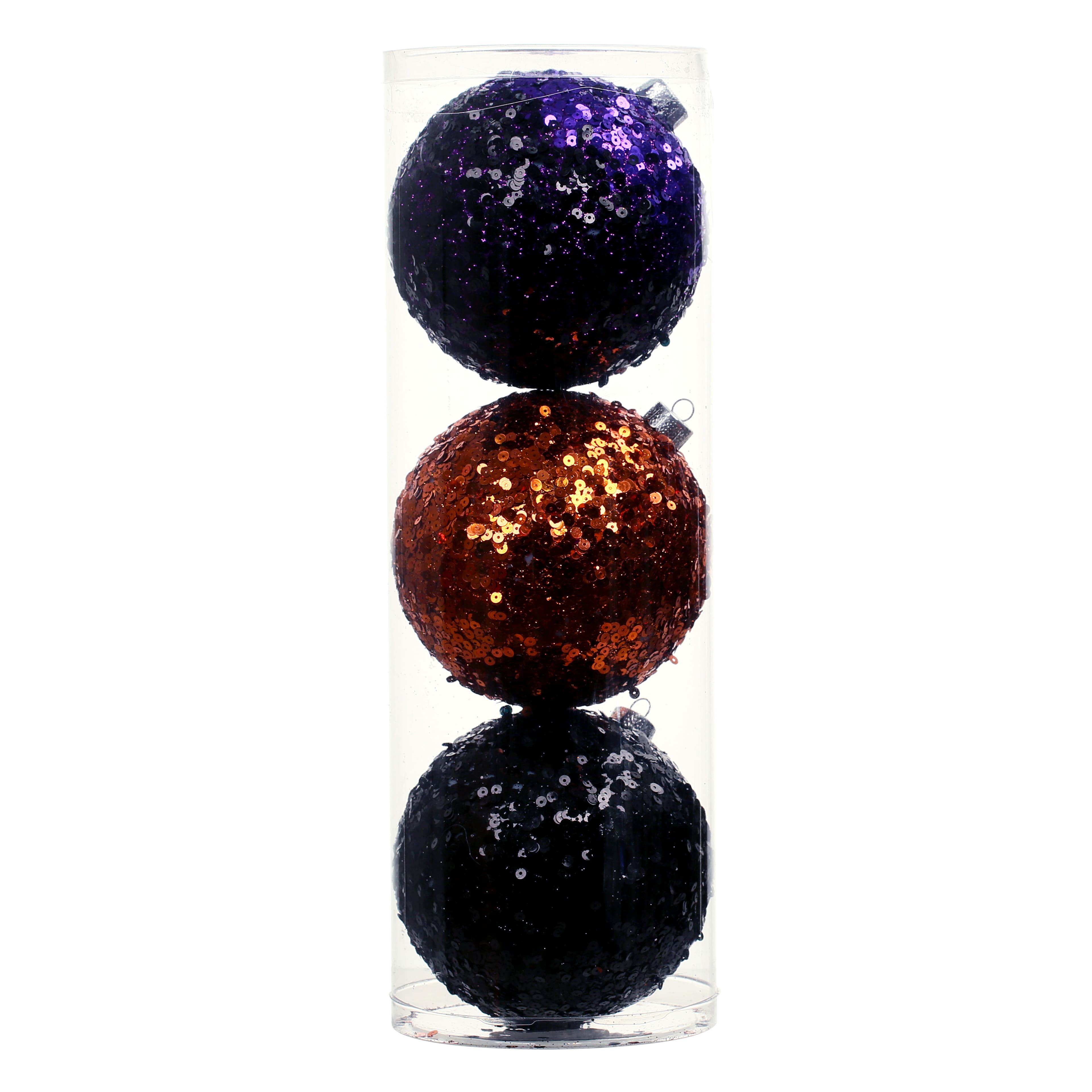 4.75&#x22; Orange, Black &#x26; Purple Sequin Plastic Ball Ornament Set by Ashland&#xAE;