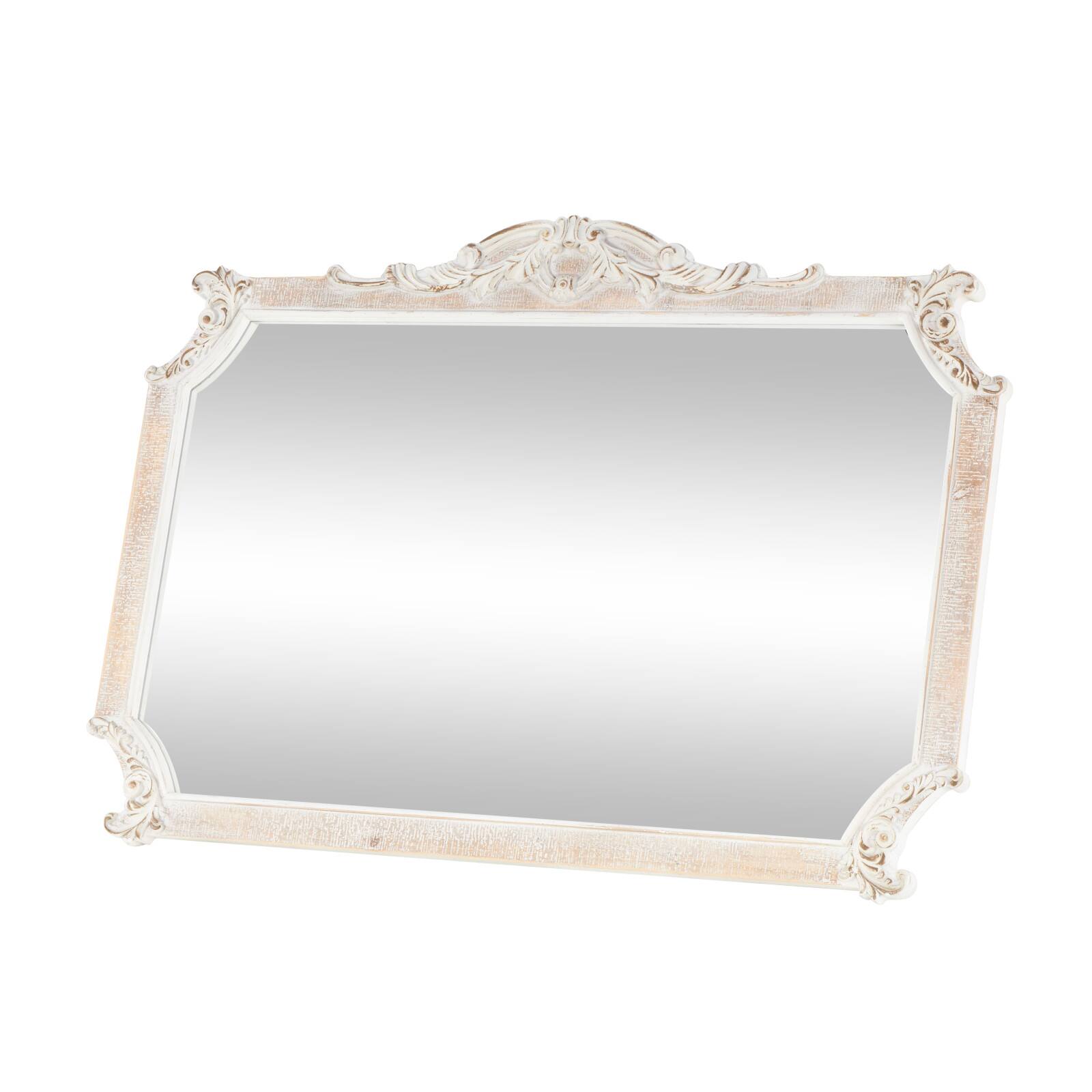 Cream Wooden Scroll Wall Mirror with Curved Corners and Brown Distressing