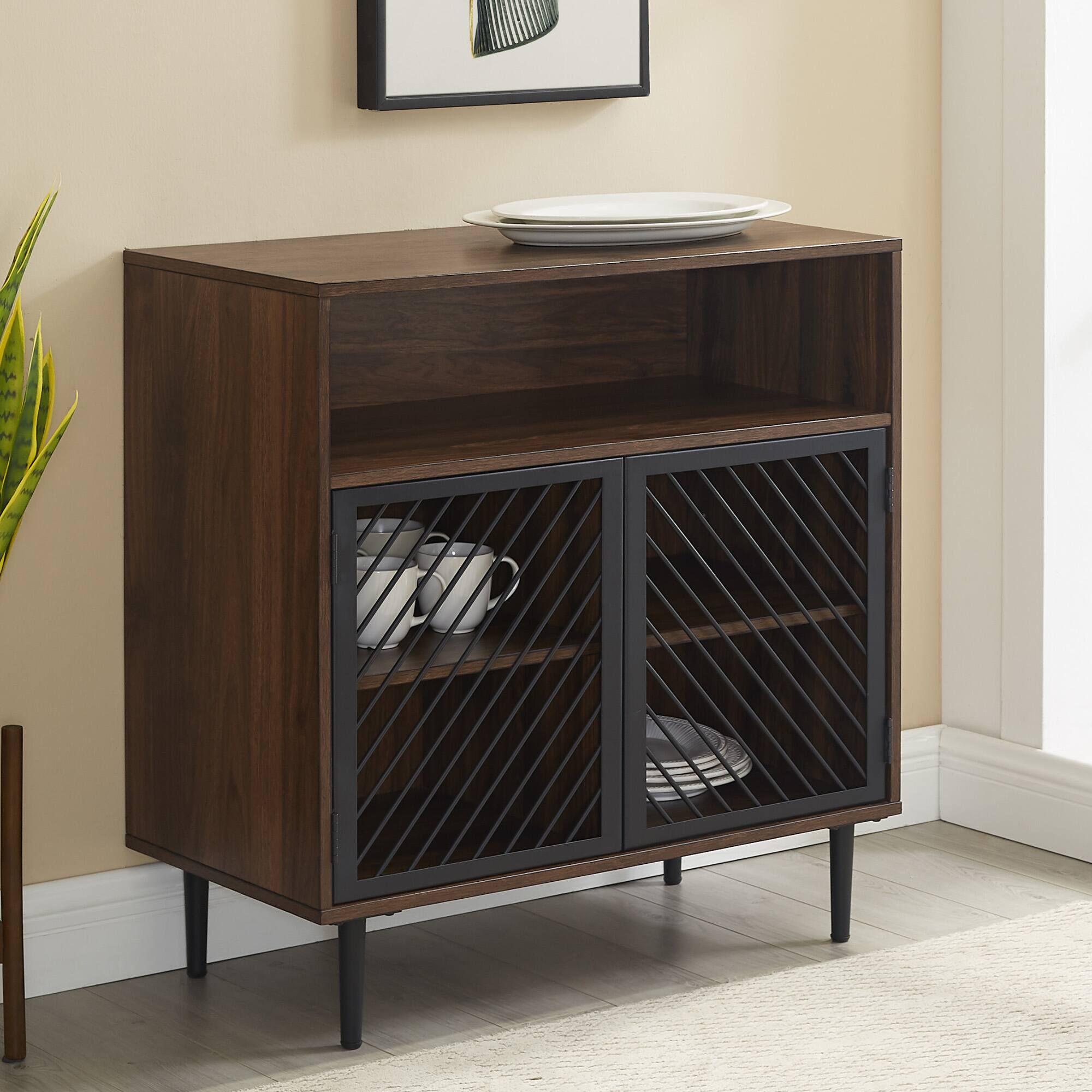Walker Edison 32&#x22; Dark Walnut Modern Slanted Metal Door Accent Cabinet