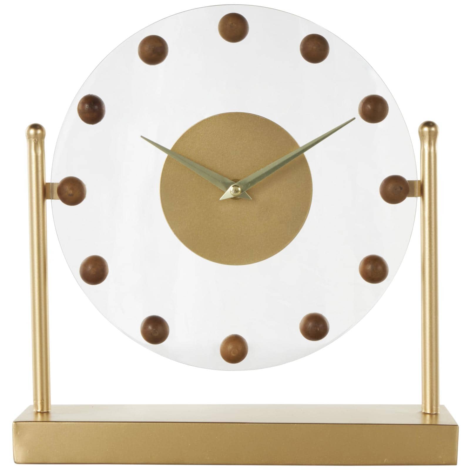 11.5" Gold Metal & Acrylic Face Decorative Clock with Wood Ball Accents