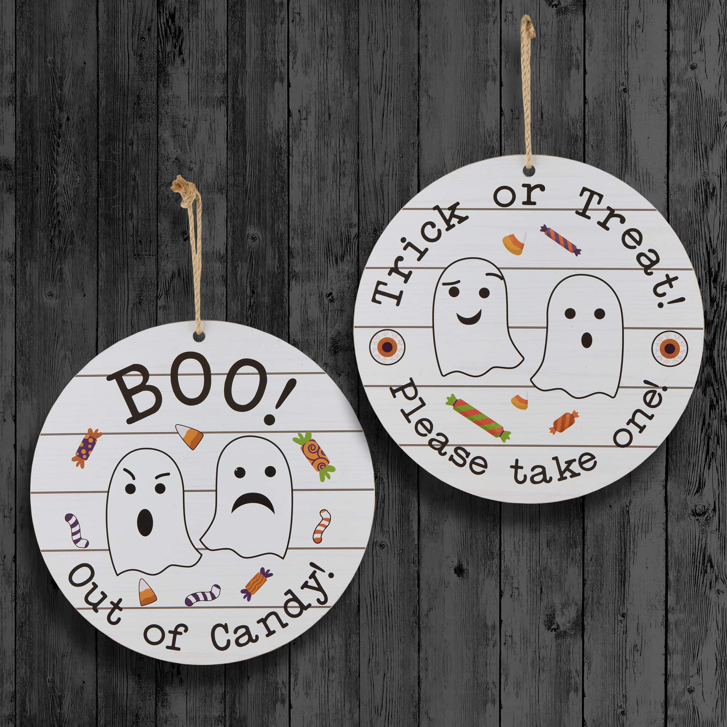 12&#x22; White Hanging Double-Sided Trick or Treat/Out of Candy Round Plank Sign