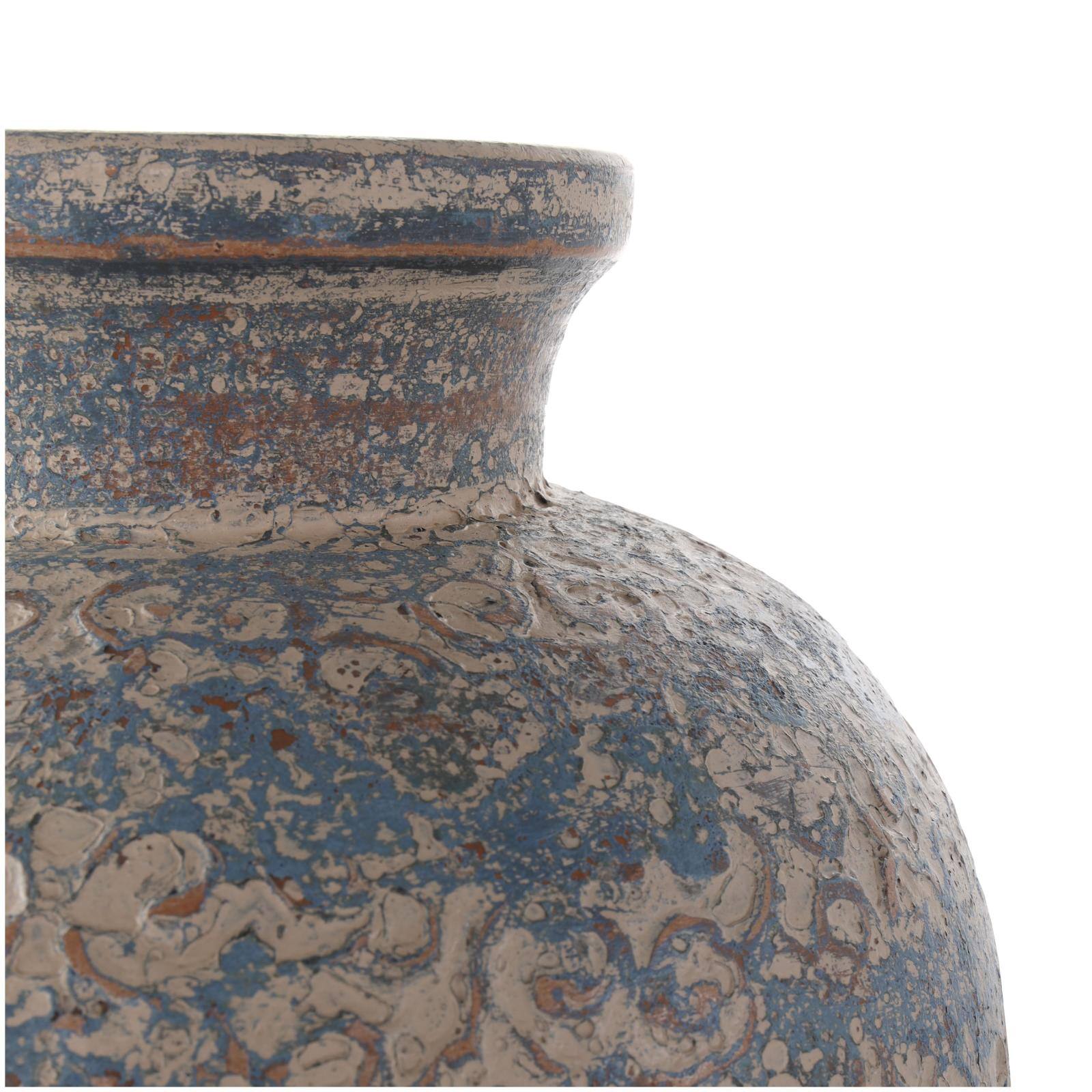 Beige, Blue & Copper Antique Ceramic Scroll Handmade Decorative Vase