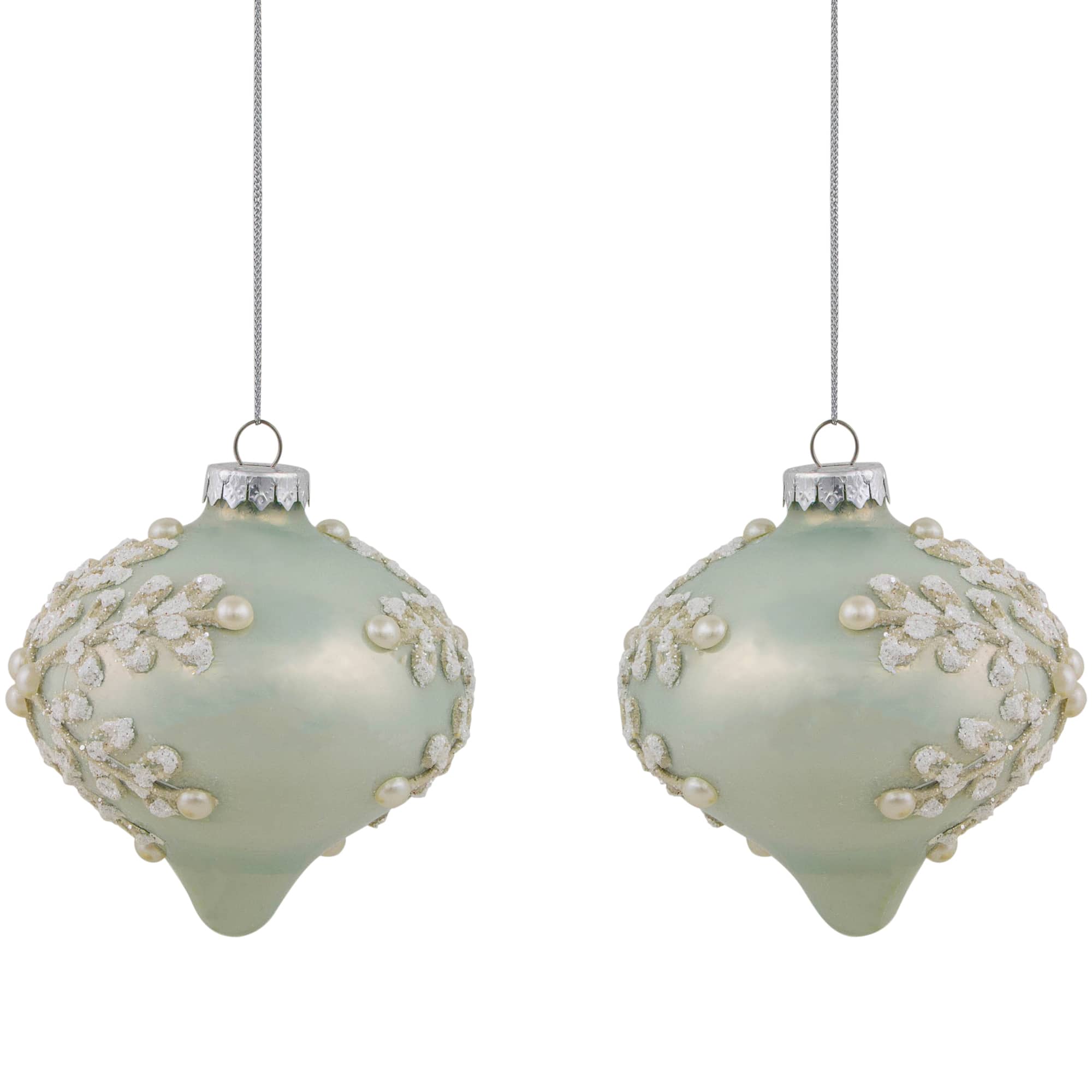 2ct. Pastel Green Icy Snowflakes Glass Onion Ornaments