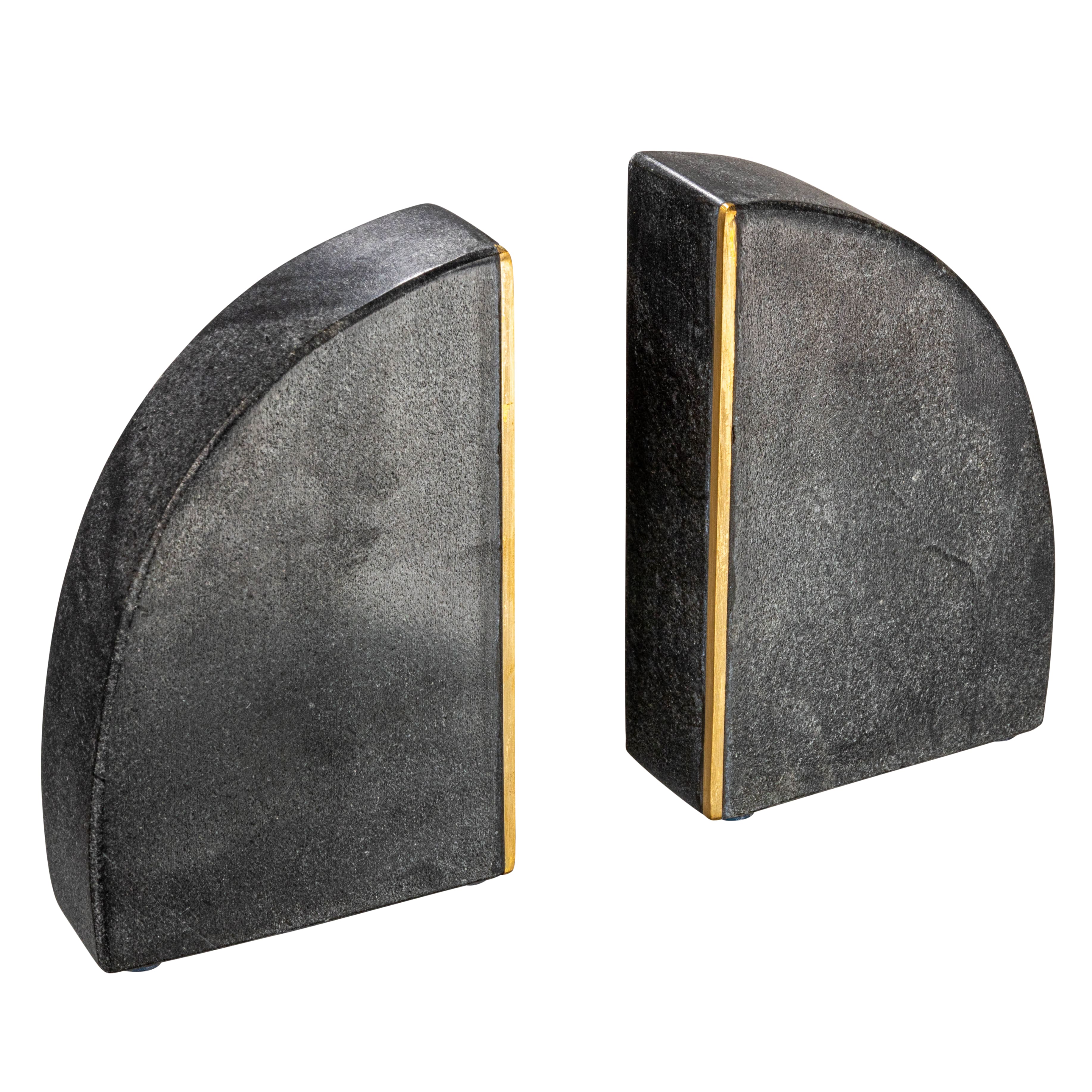 7&#x22; Black &#x26; Brass Boho Arched Semicircle Marble Bookend Set