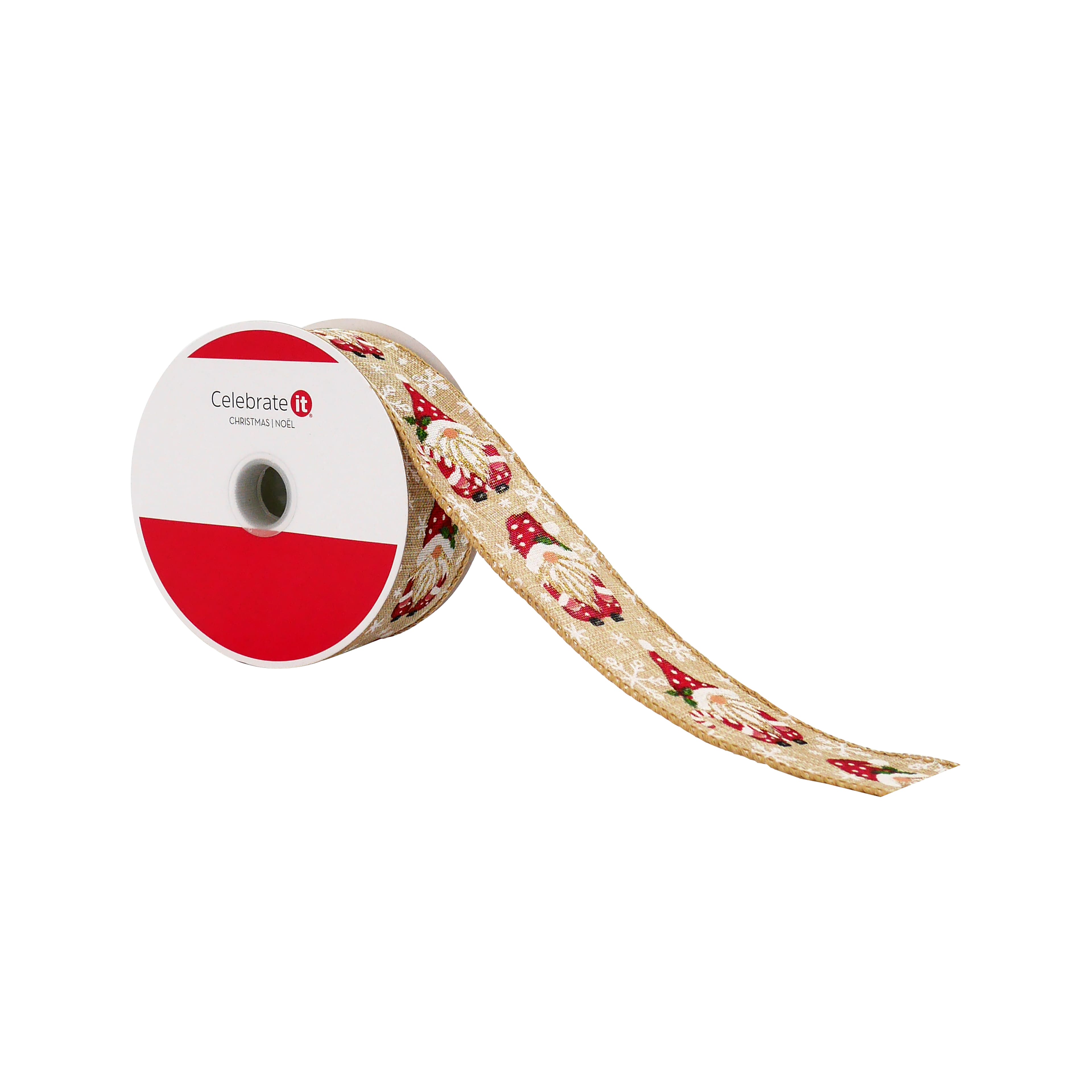 1.5&#x22; x 30ft. Santa Gnomes Wired Faux Linen Ribbon by Celebrate It&#xAE;