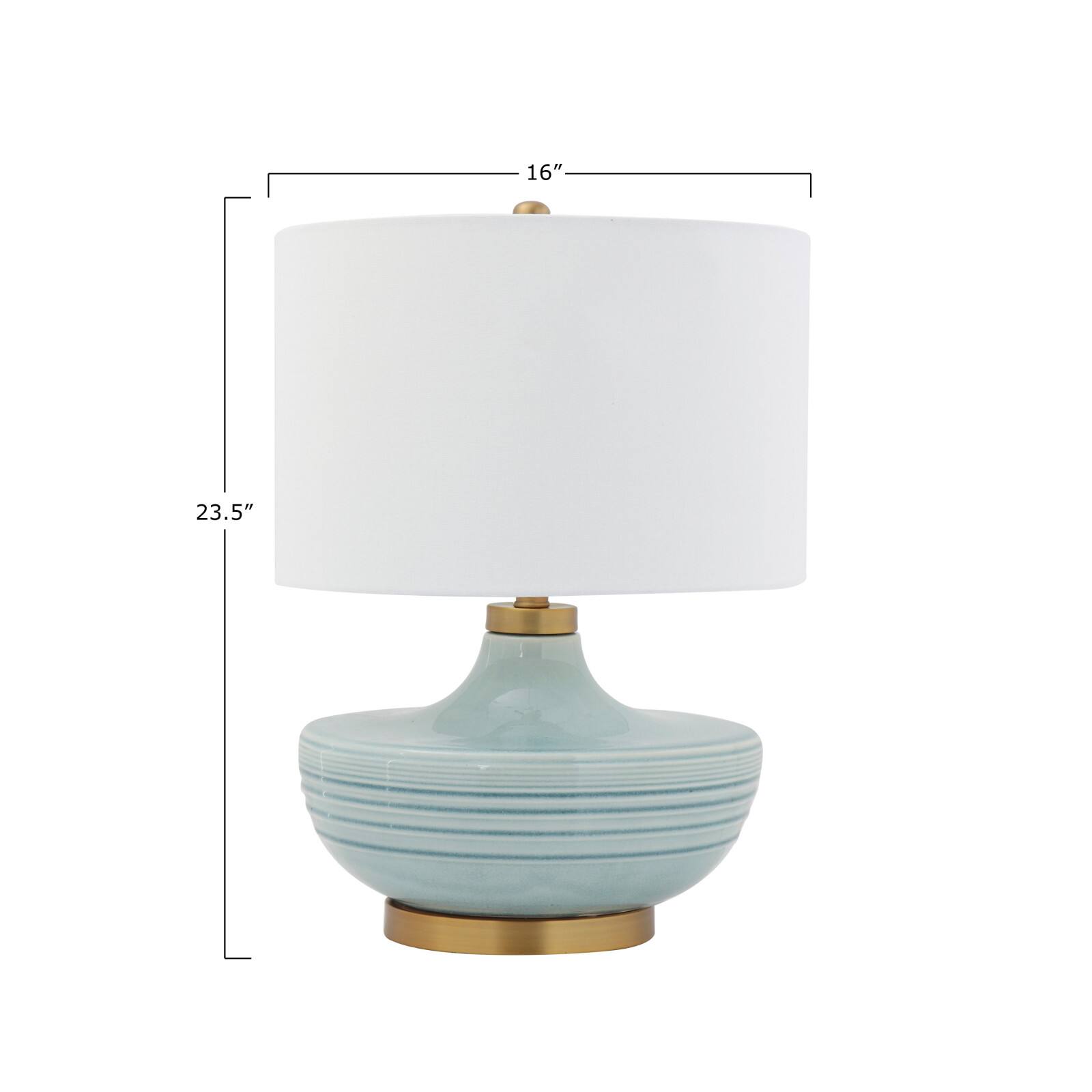 Hello Honey&#xAE; Striped Aqua Ceramic Table Lamp with White Linen Shade