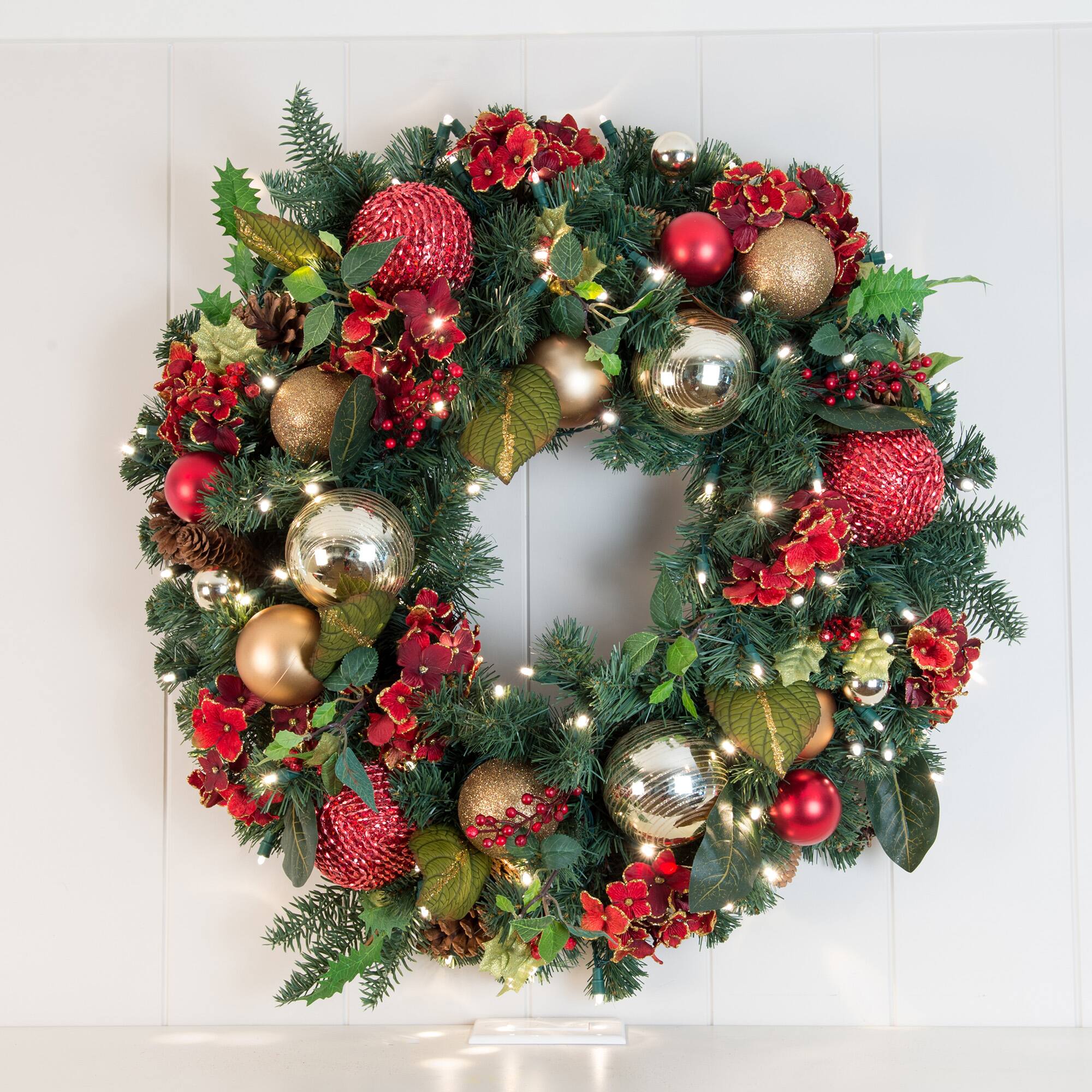 Village Lighting 30" Pre-Lit Scarlet Hydrangea Christmas Wreath, Clear LED Lights