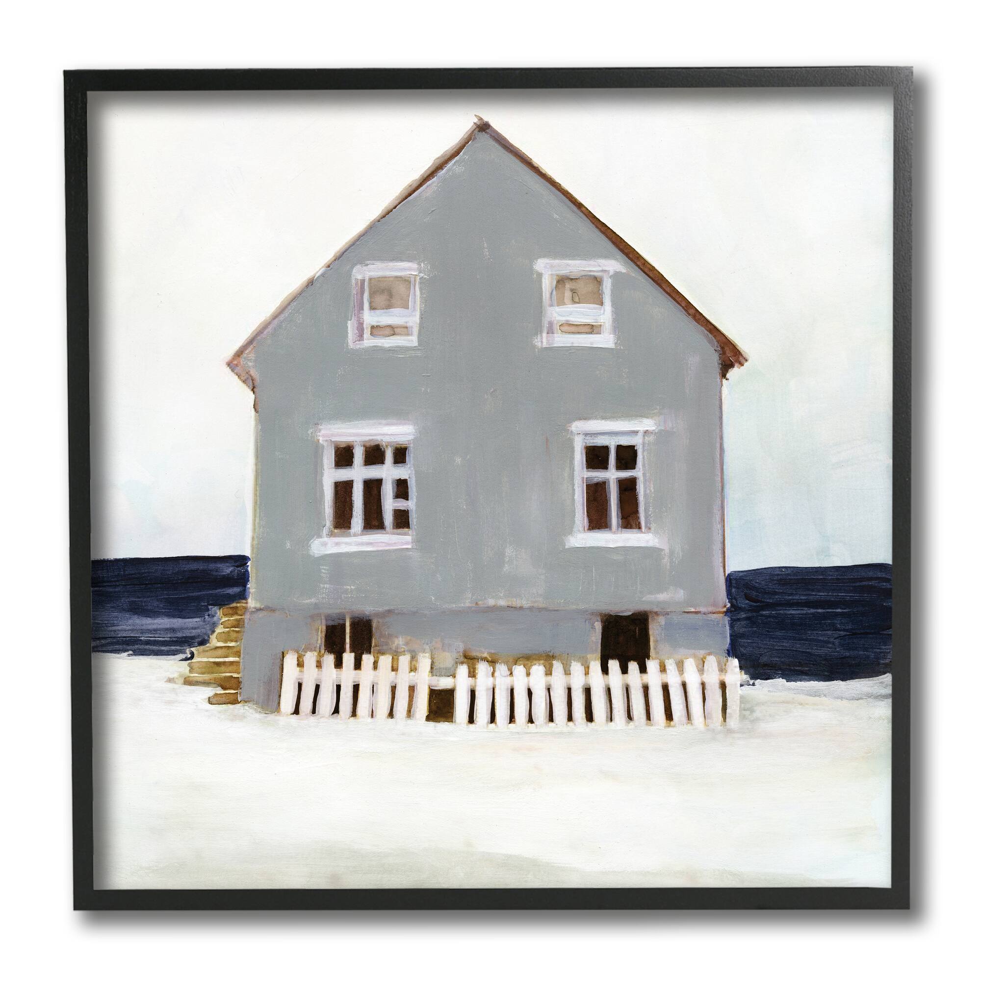 Stupell Industries Winter Beach House Landscape Cool Coast Line Black Framed Wall Art