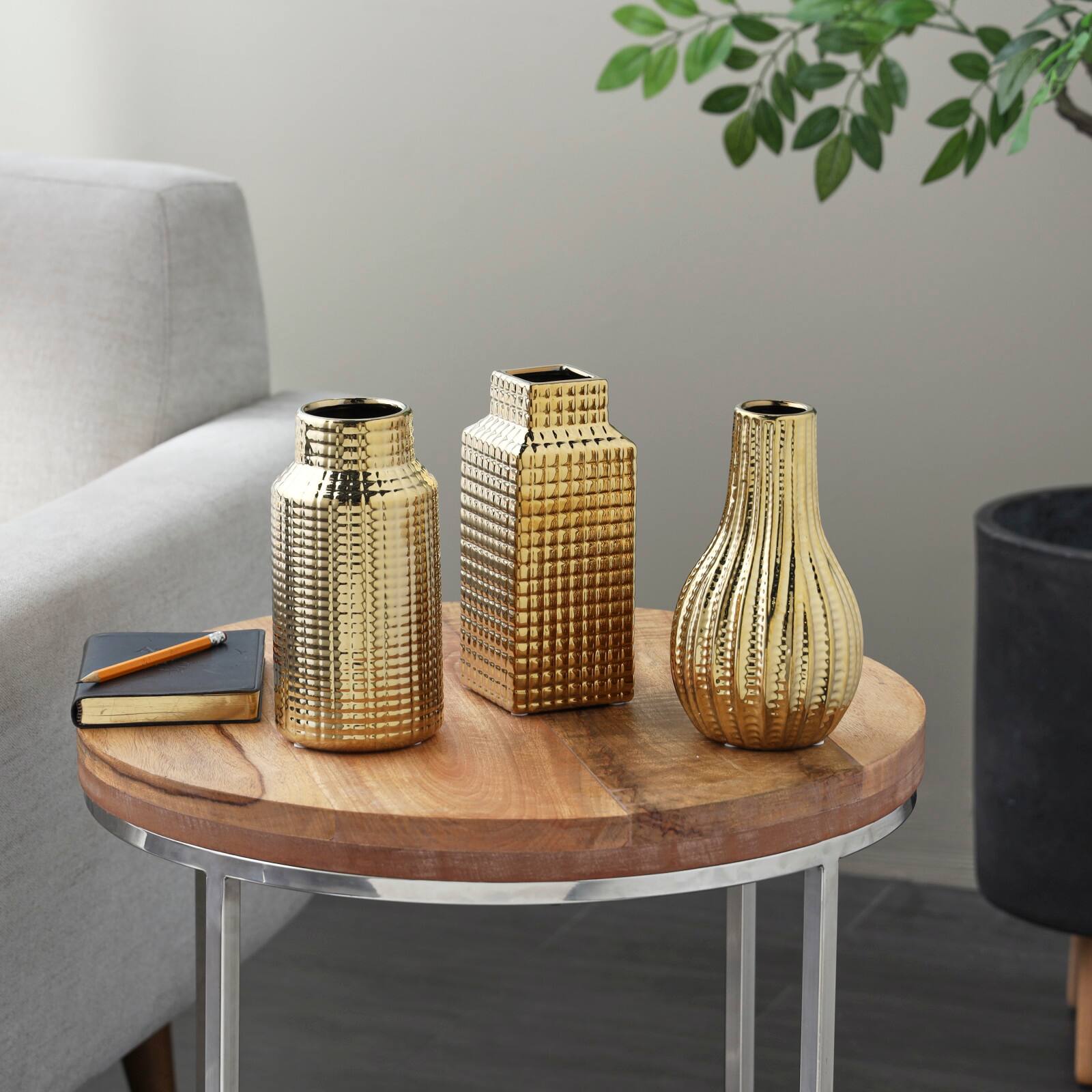8" Gold Ceramic Geometric Dimensional Textured Vase Set with Grid Patterns