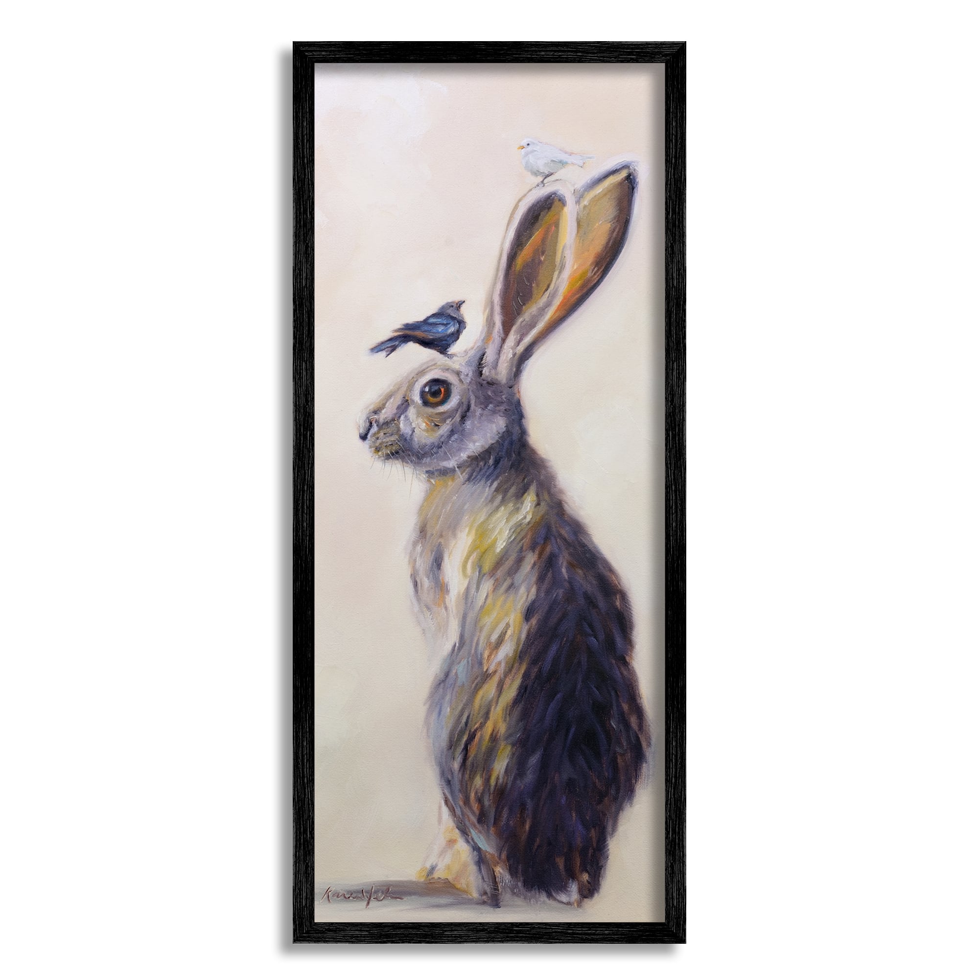 Stupell Industries Minimal Woodland Rabbit with Perched Birds Painting in Black Frame Wall Art