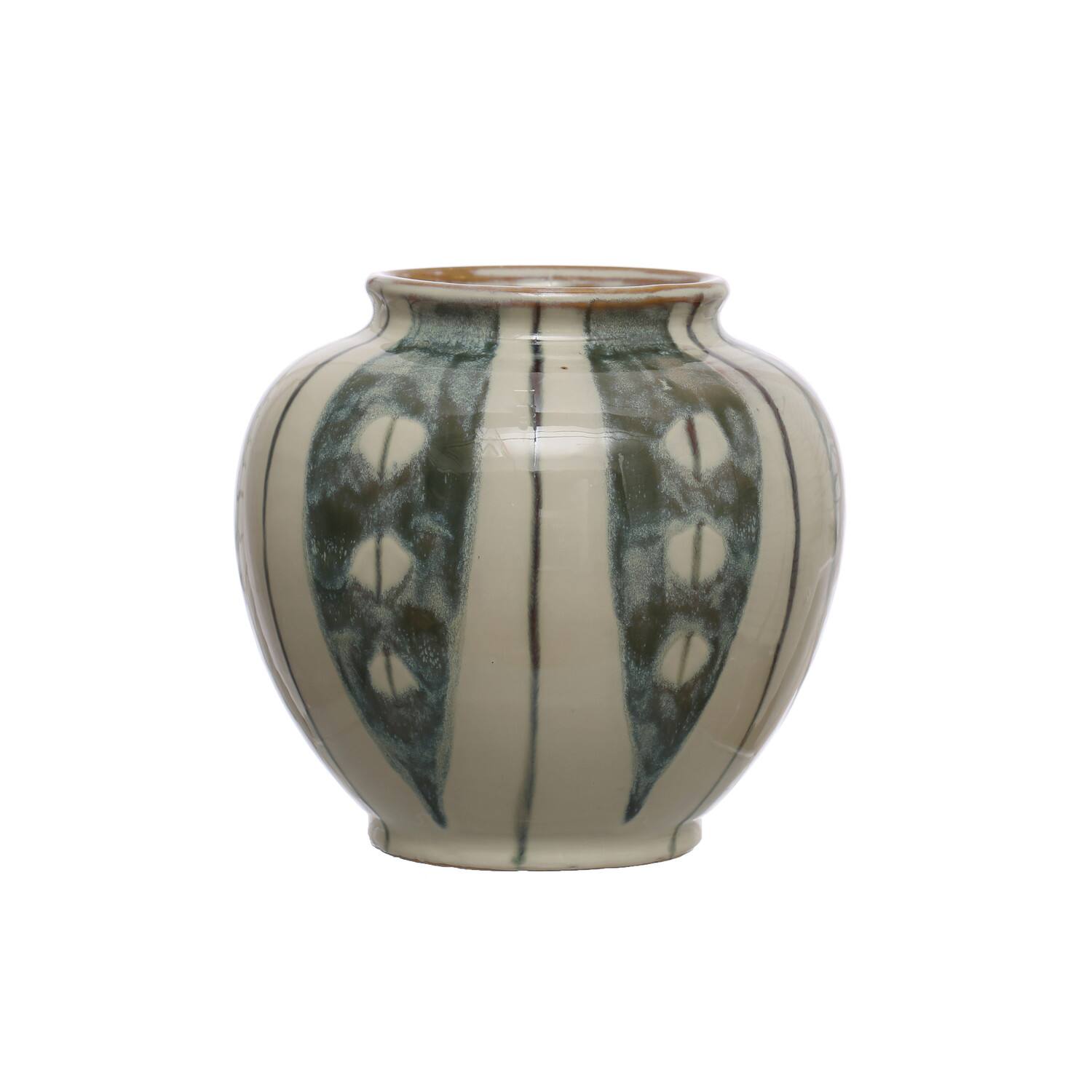 Hello Honey® 9" Cream & Green Reactive Glaze Striped Round Hand-Painted Stoneware Vase