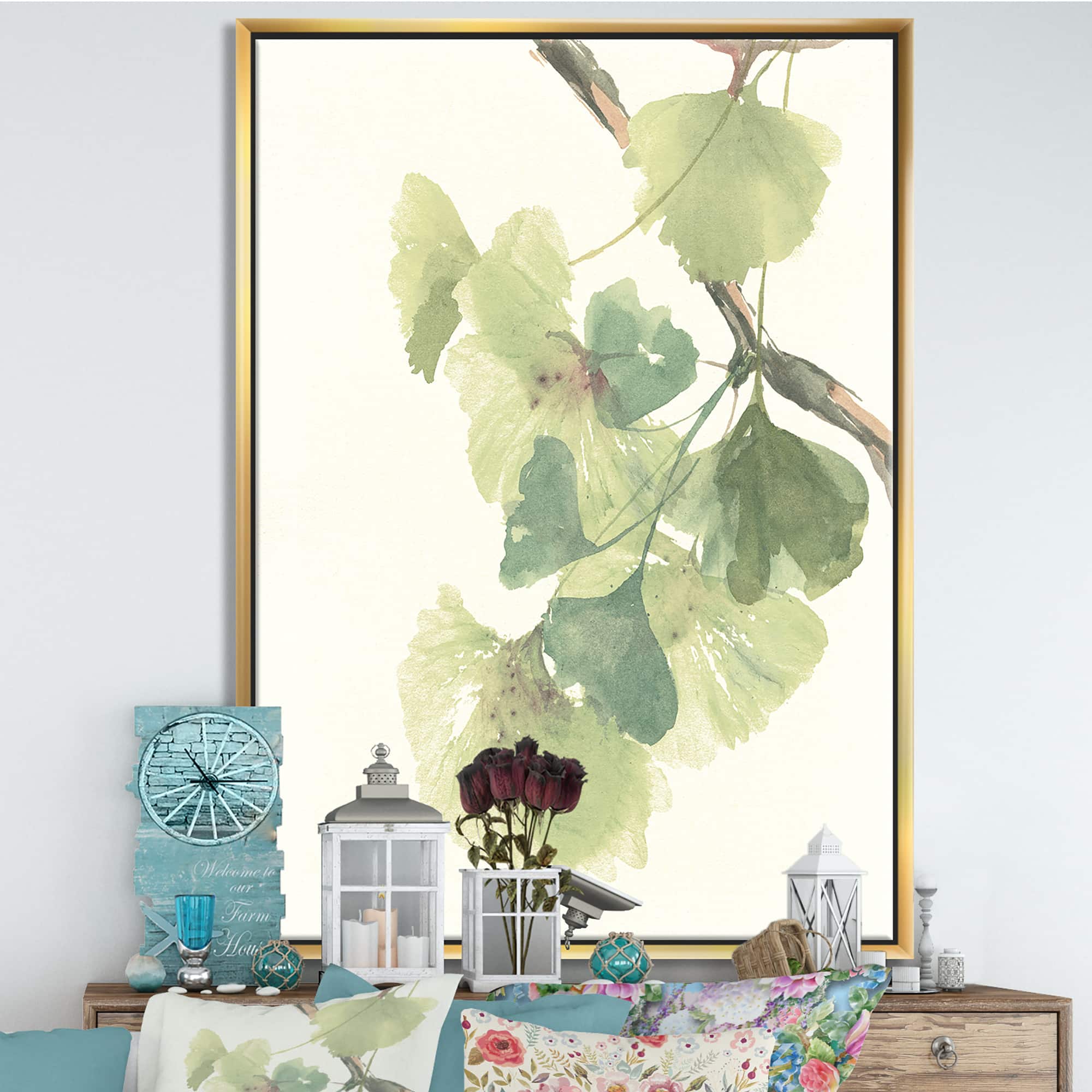 Designart - Watercolor Gingko Leaves II - Cabin & Lodge Canvas in Gold Frame