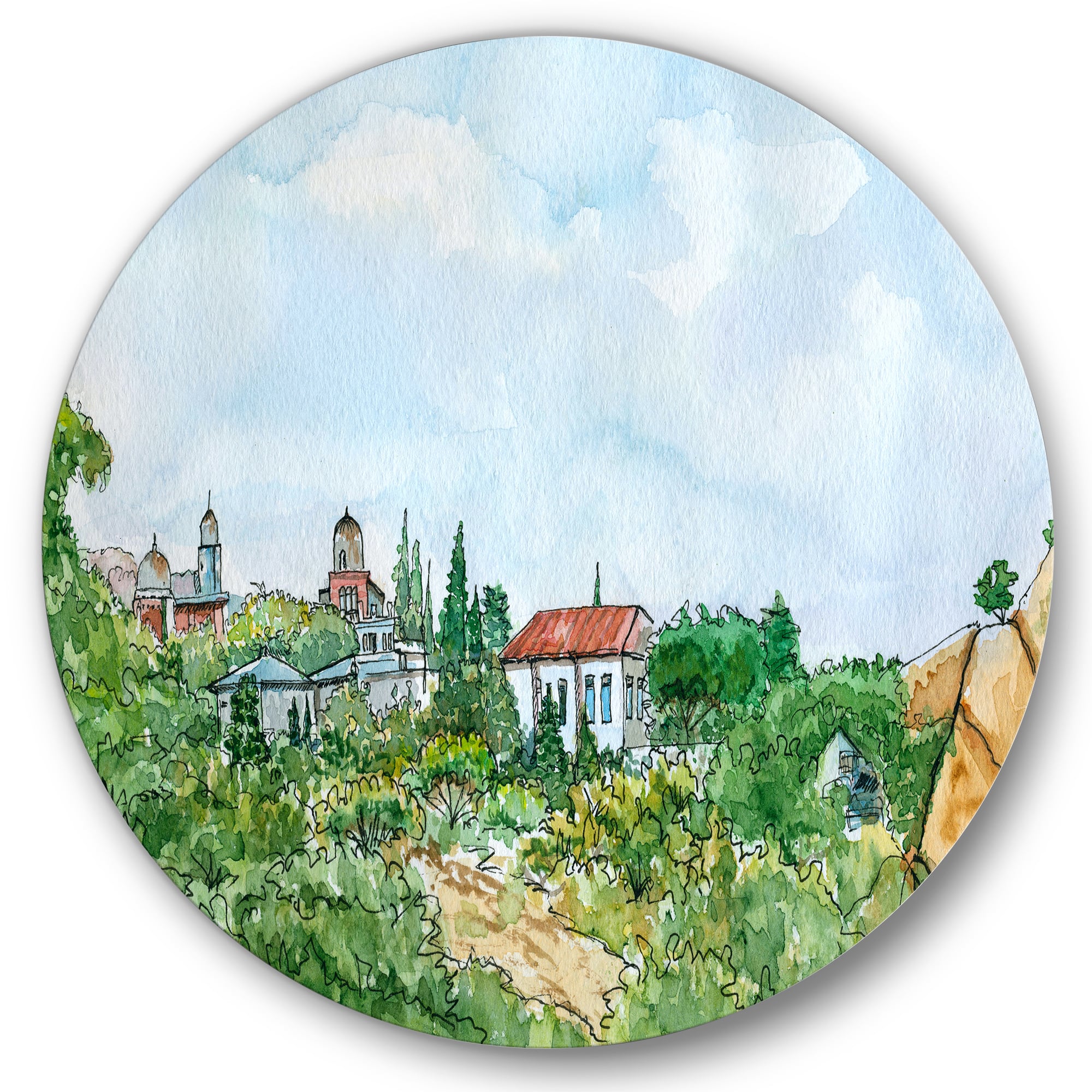 Designart - White House With Red Roof In The Countryside - Traditional Metal Circle Wall Art
