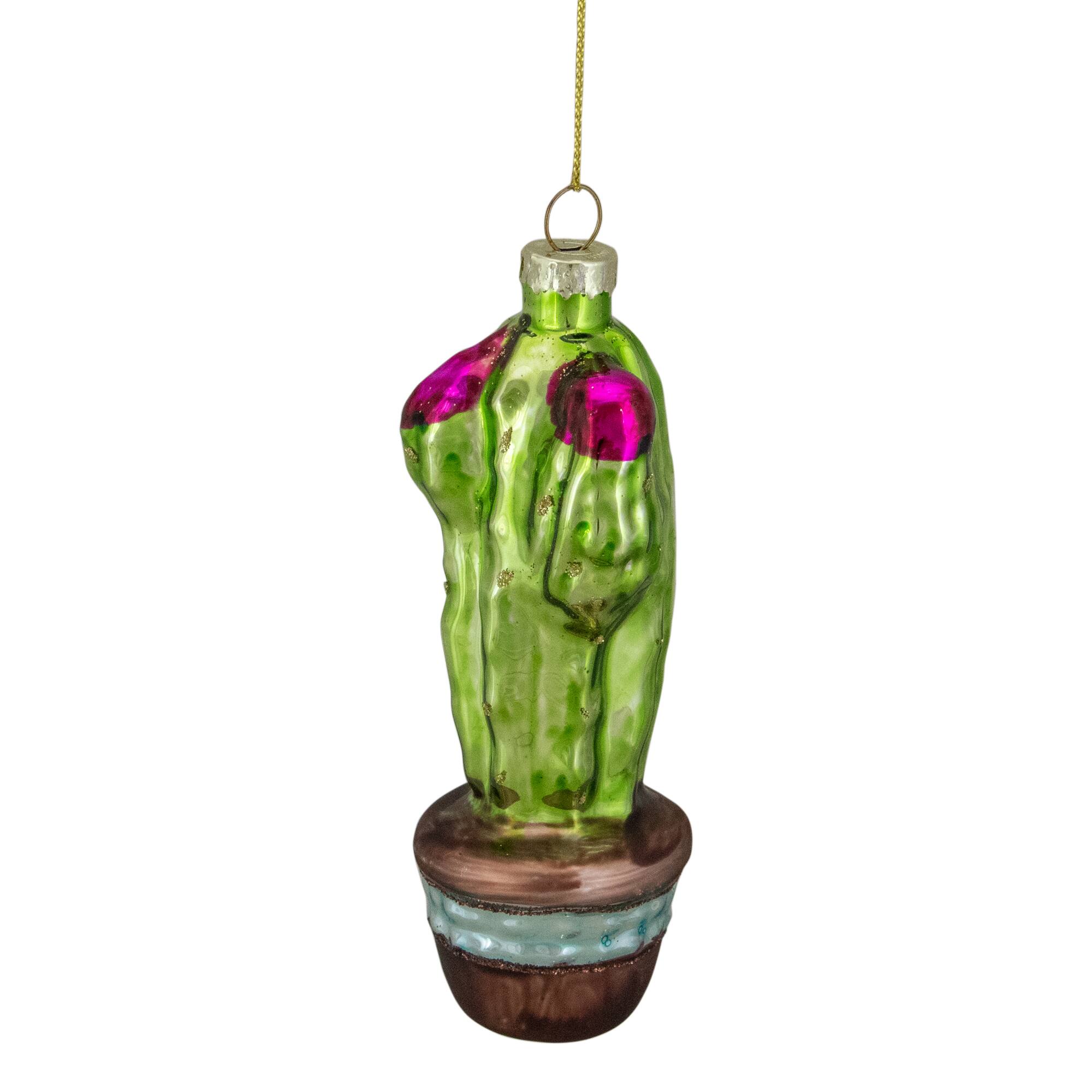 Green And Pink Potted Cactus Glass Ornament