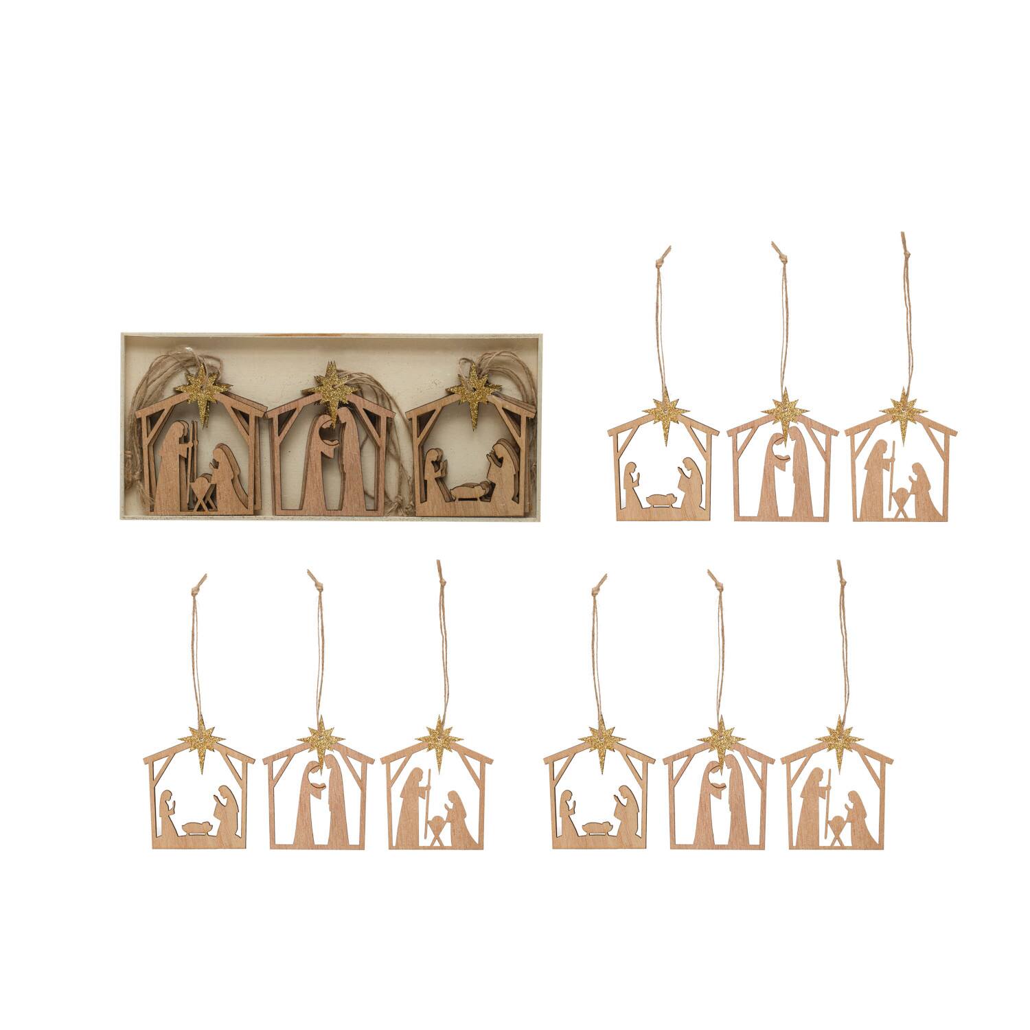 Hello Honey&#xAE; 9ct. Wood Nativity Ornaments with Gold Glitter Star