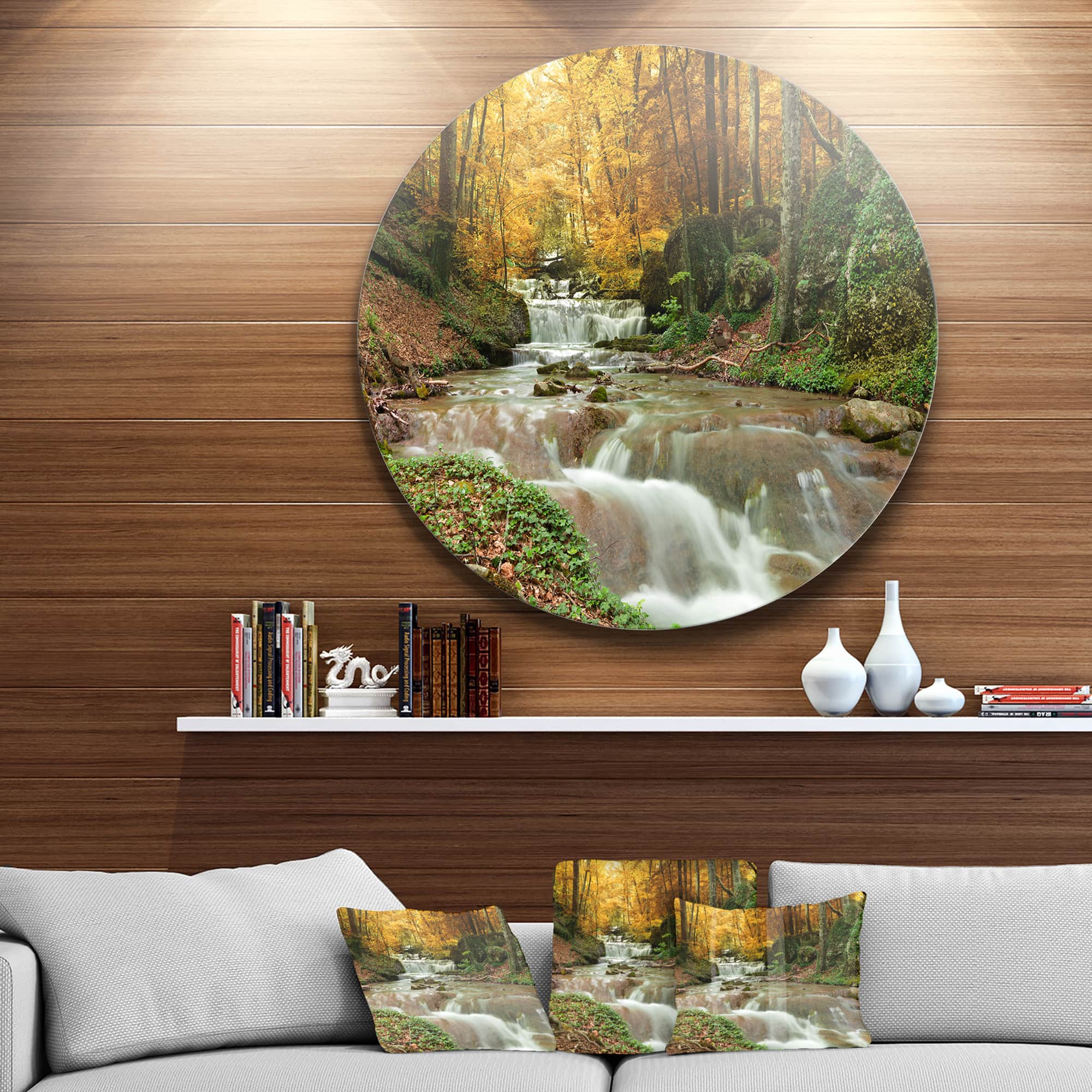 Designart - Forest Waterfall with Yellow Trees' Large Landscape Metal Circle Wall Art