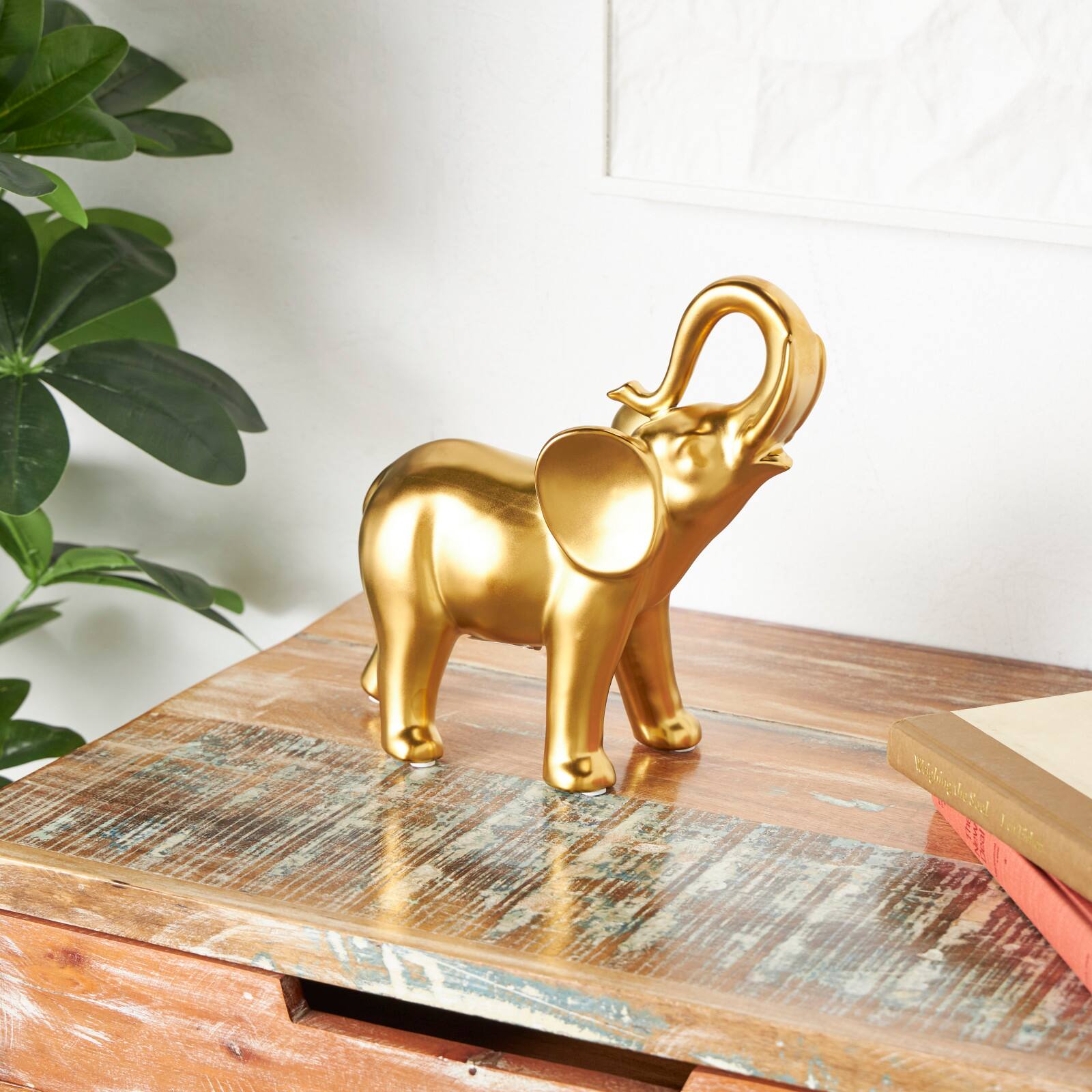11" Gold Ceramic Elephant Standing Sculpture