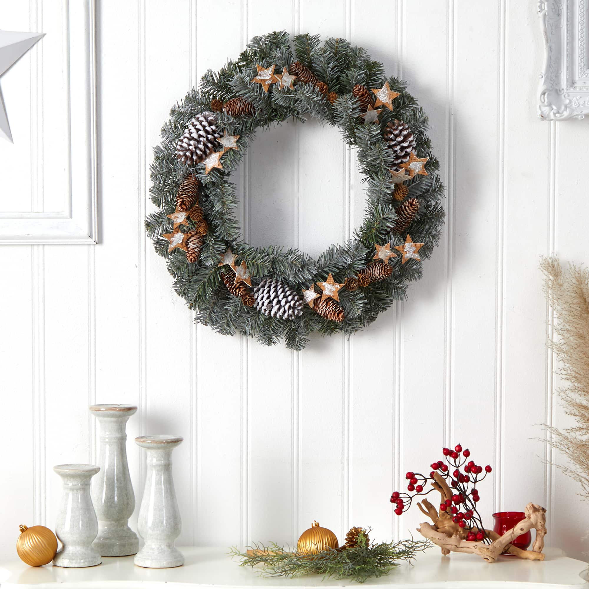 24&#x22; Winter Frosted Stars &#x26; Pinecones Holiday Wreath