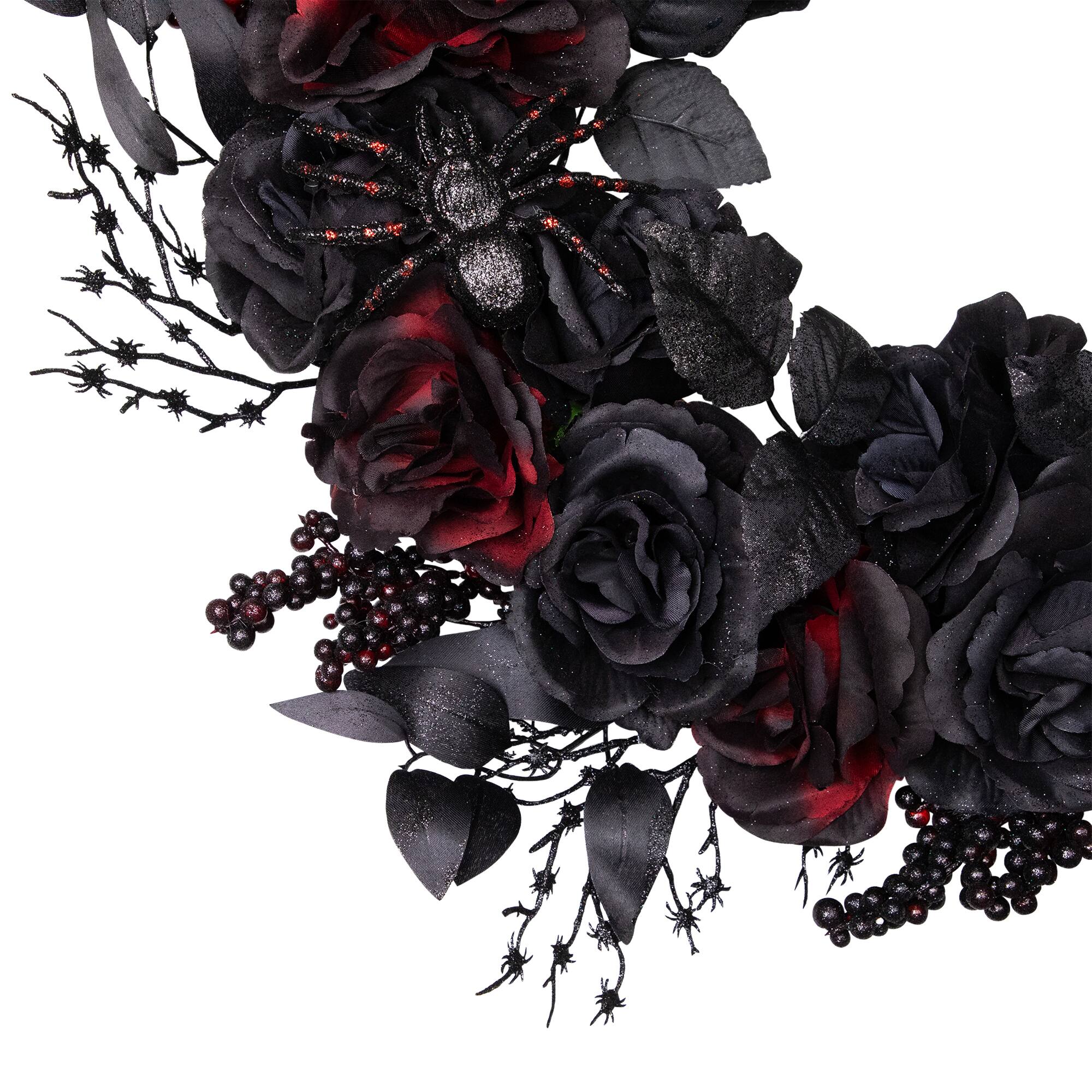 24" Burgundy & Black Roses with Spiders Halloween Wreath