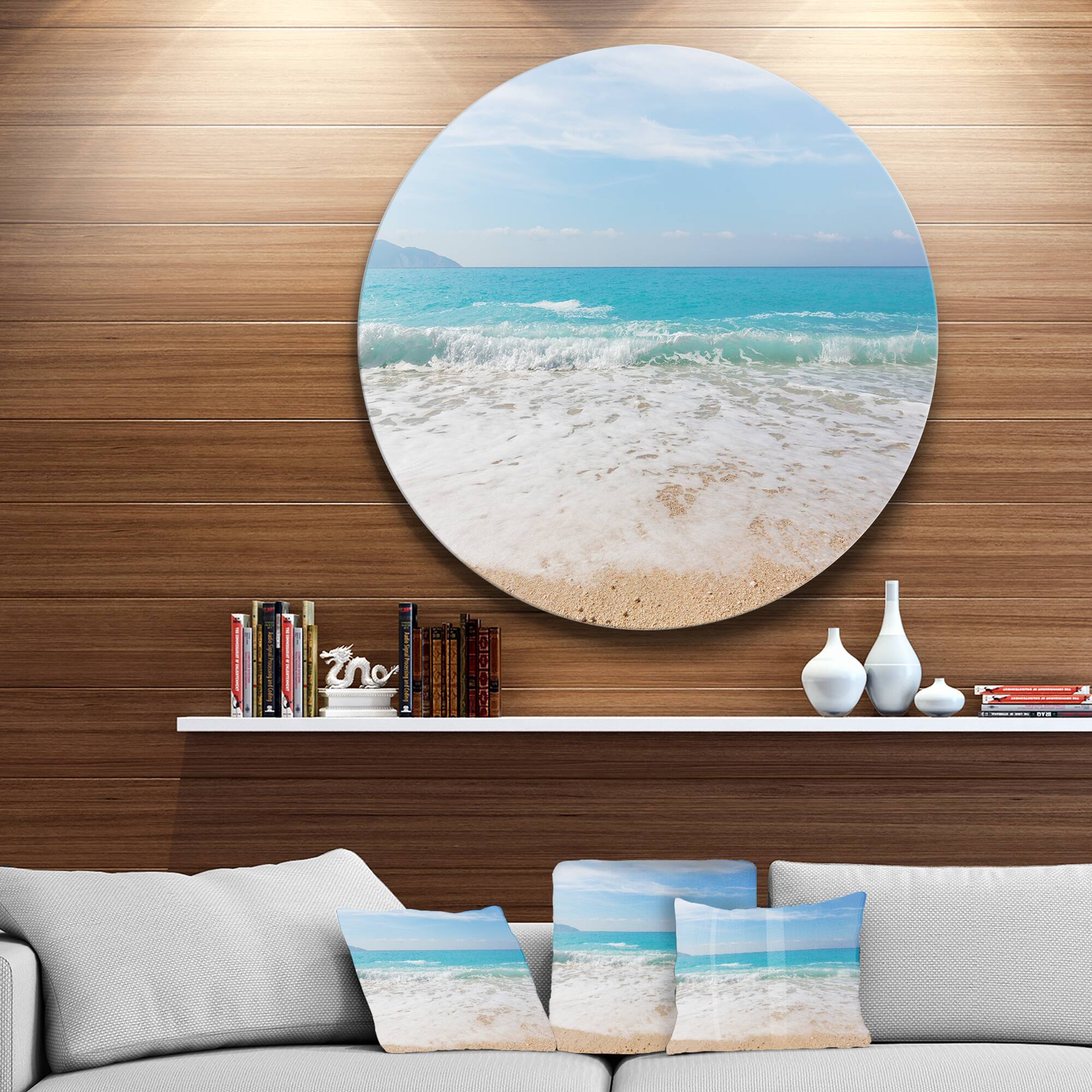 Designart - White Waves Kissing Beach Sand&#x27; Large Seashore Metal Circle Wall Art