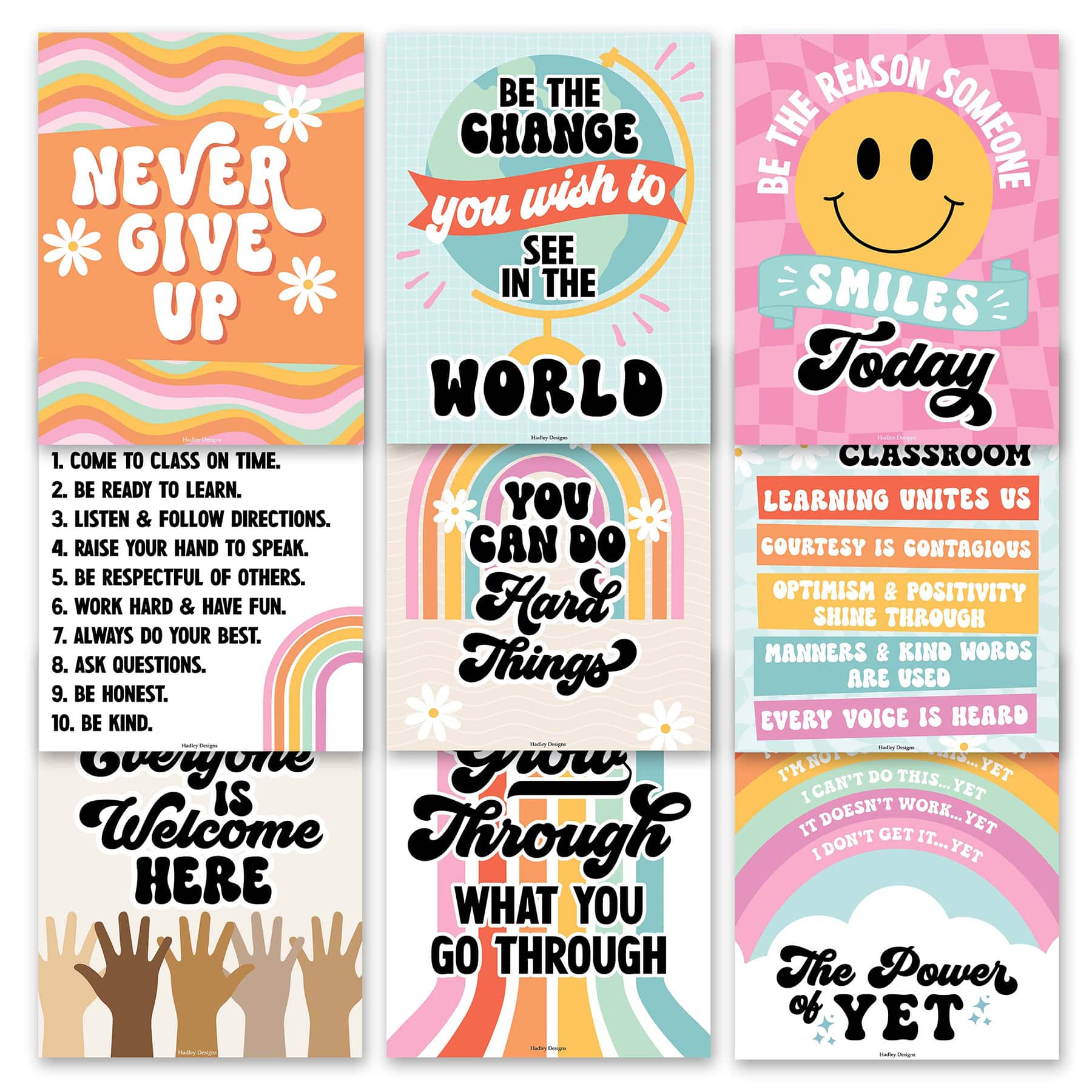 Hadley Designs 11" x 14" Retro Growth Mindset Classroom Décor Posters Set