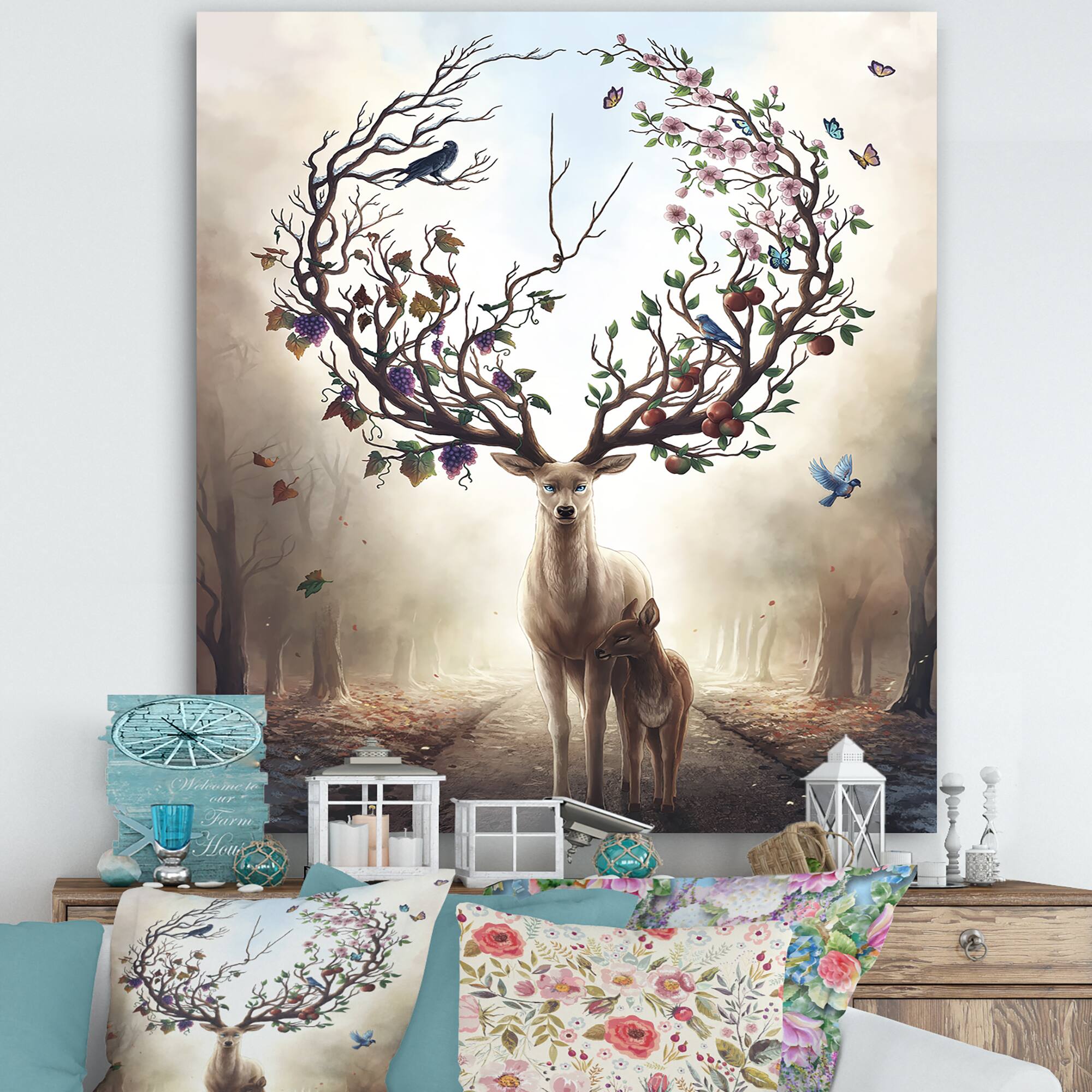 Designart - Deer With Blossoming Antlers - Cottage Canvas Wall Art
