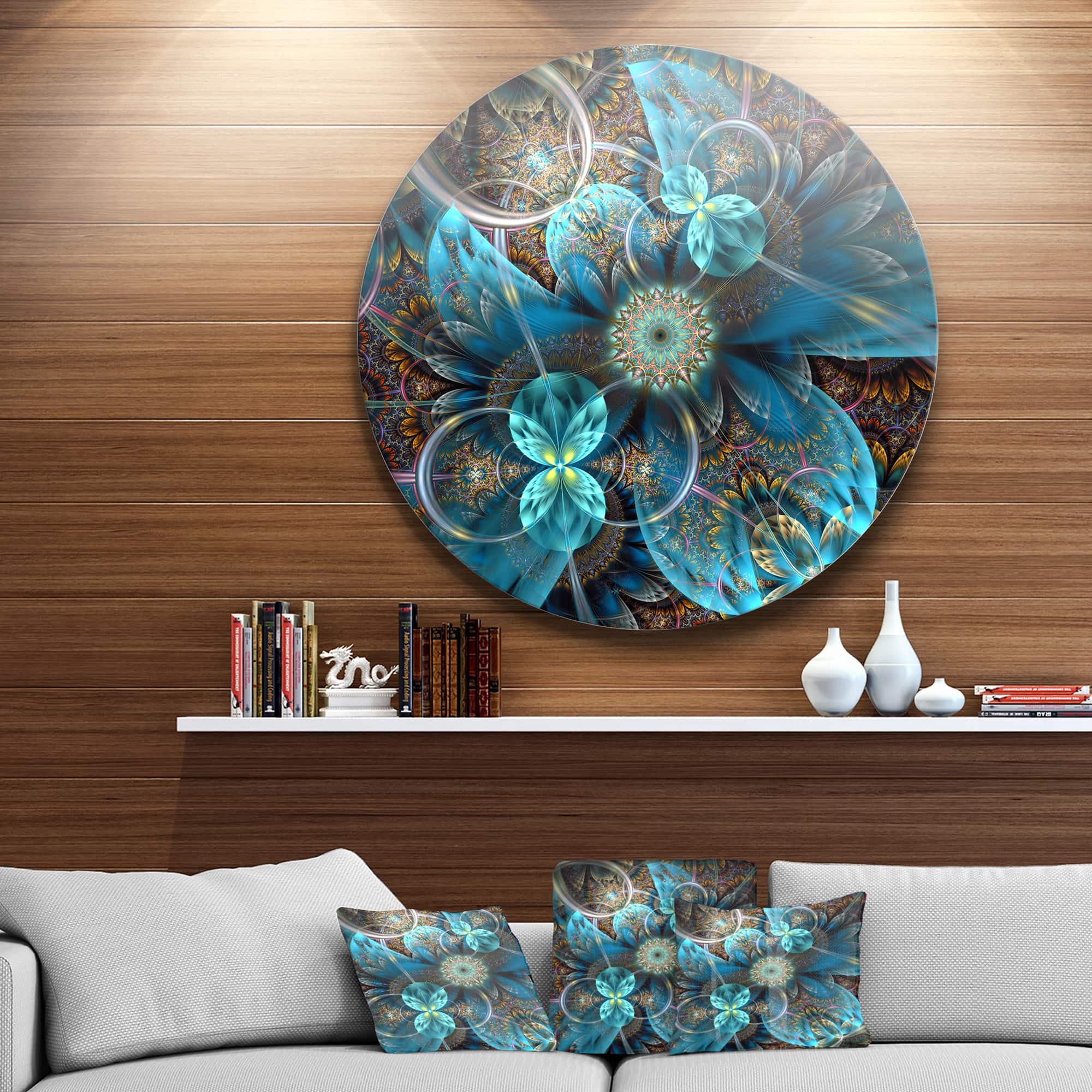 Designart - Fractal Blue Flowers&#x27; Disc Floral Circle Metal Wall Art