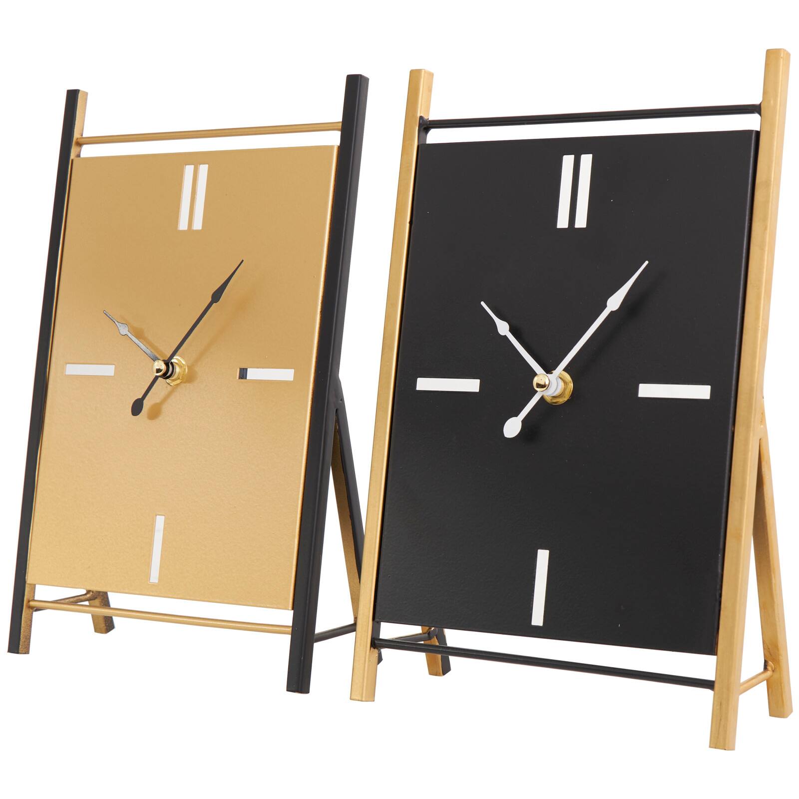CosmoLiving by Cosmopolitan 10&#x22; Black Metal Rectangular Angled Clock Set with Gold Accents &#x26; Cutout Tick Hour Markers