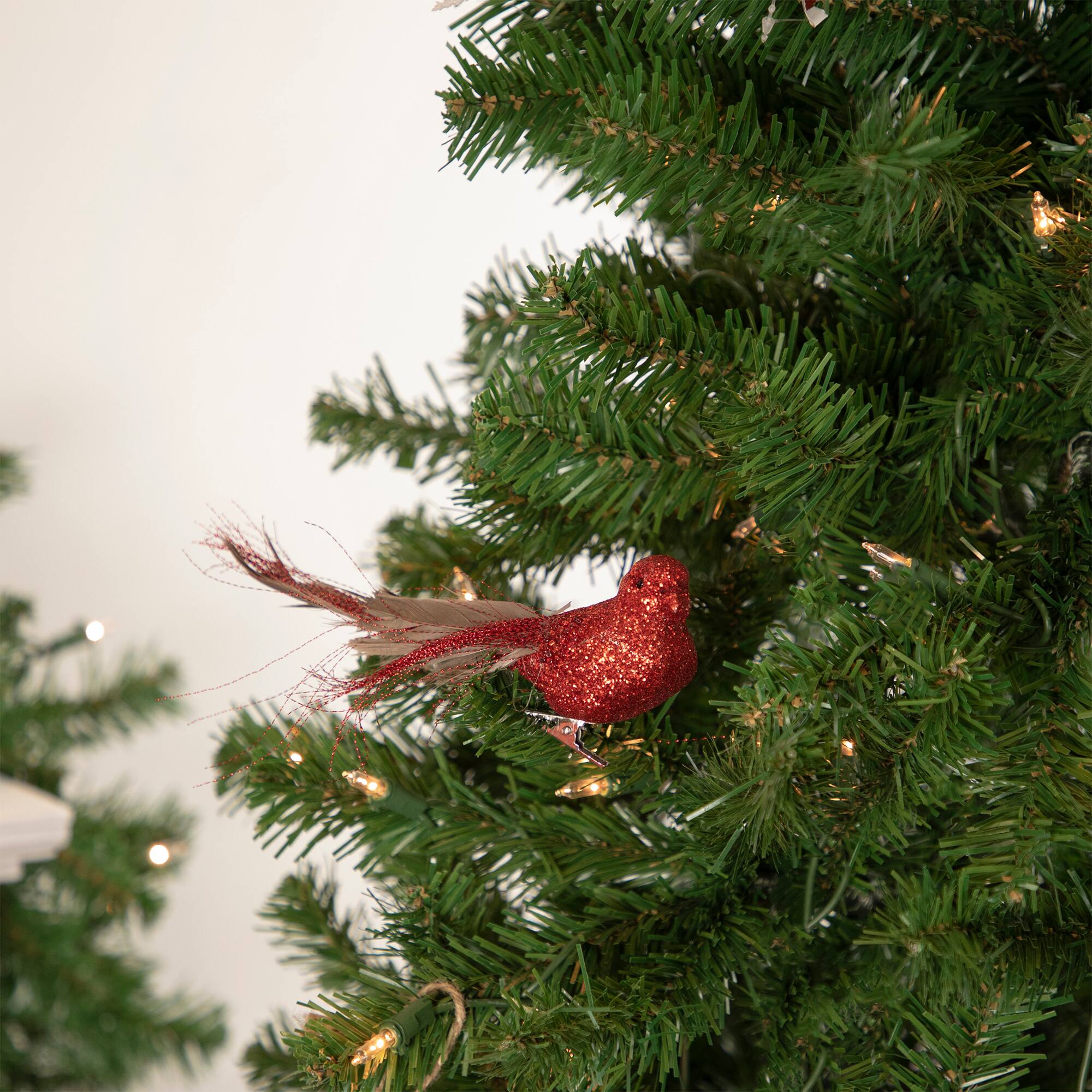 Glittered Bird with Feather Tail Christmas Clip Ornament - 7&#x22; - Red