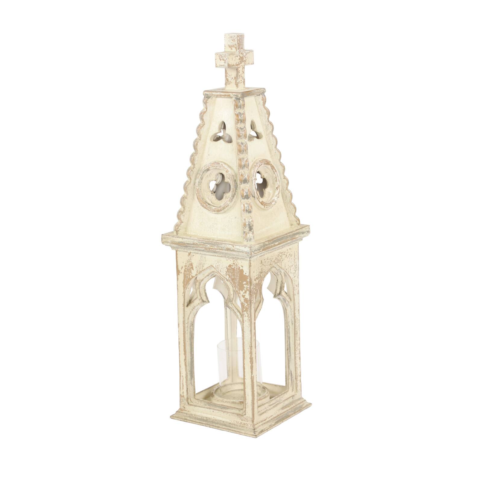White Wood Vintage Candle Holder Lantern, 28" x 8" x 8"