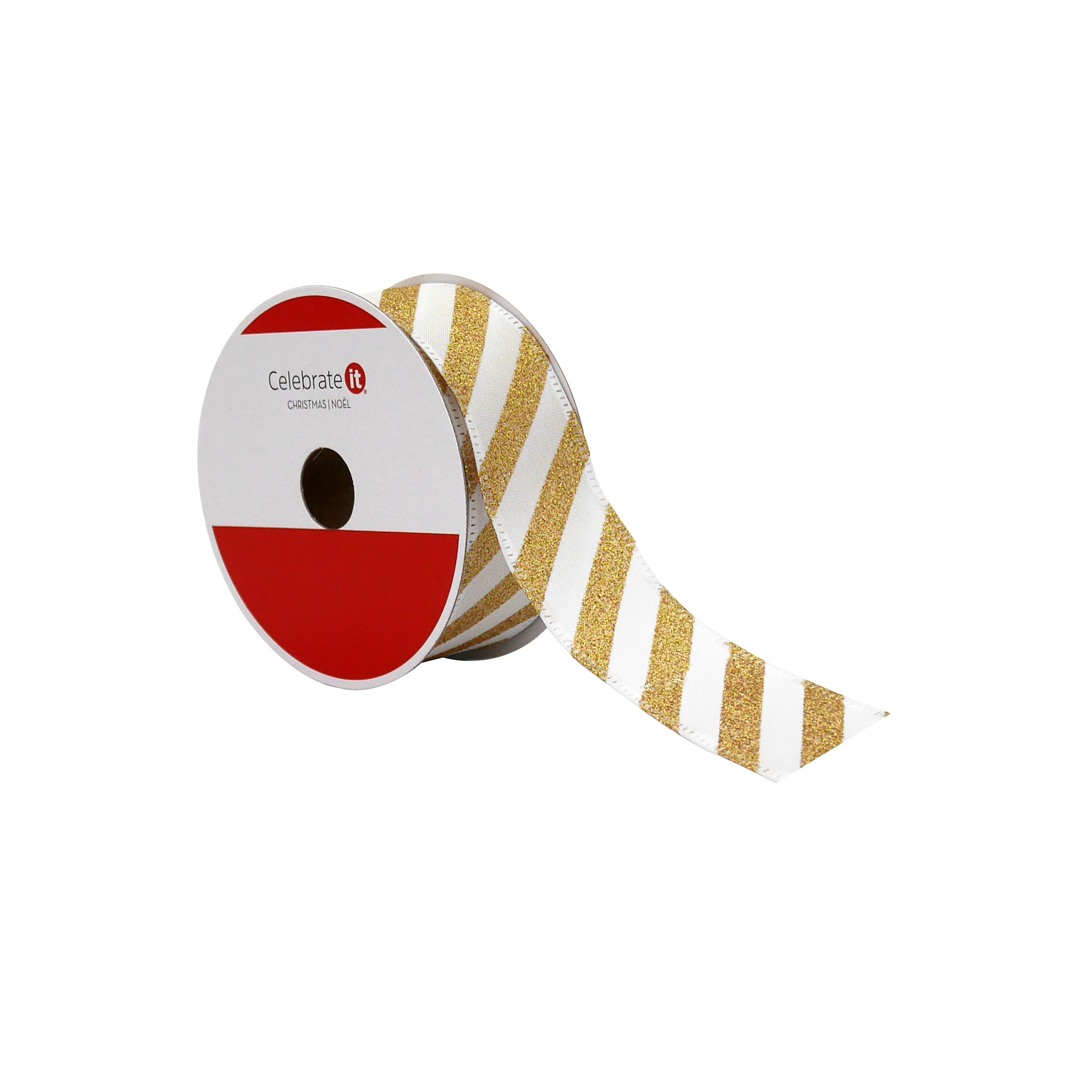 1.5&#x22; x 30ft. Gold Glitter Stripes Wired Taffeta Ribbon by Celebrate It&#xAE;