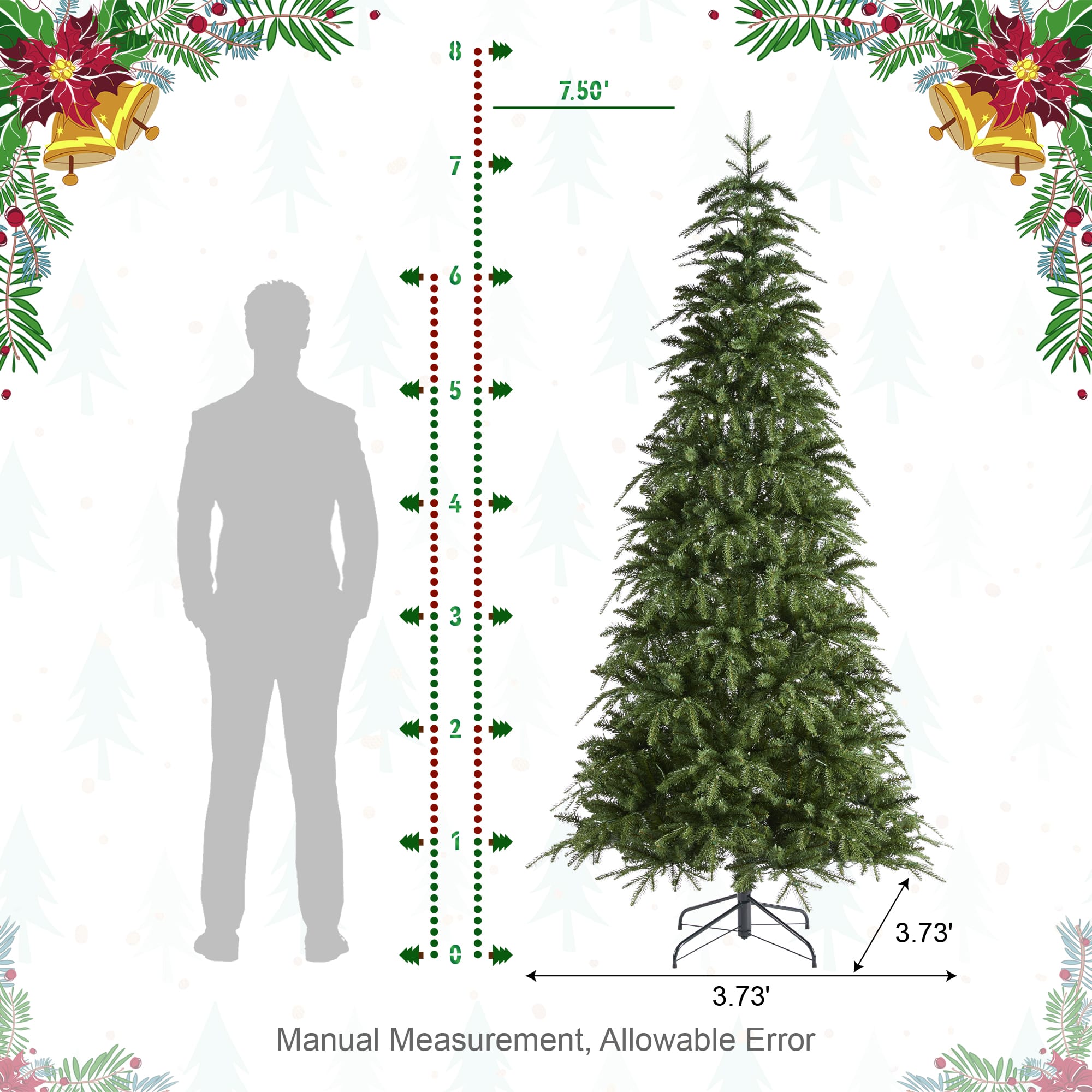 Glitzhome&#xAE; 7.5ft Pre-Lit Green Slim Fir Artificial Christmas Tree, Multicolor LED Lights