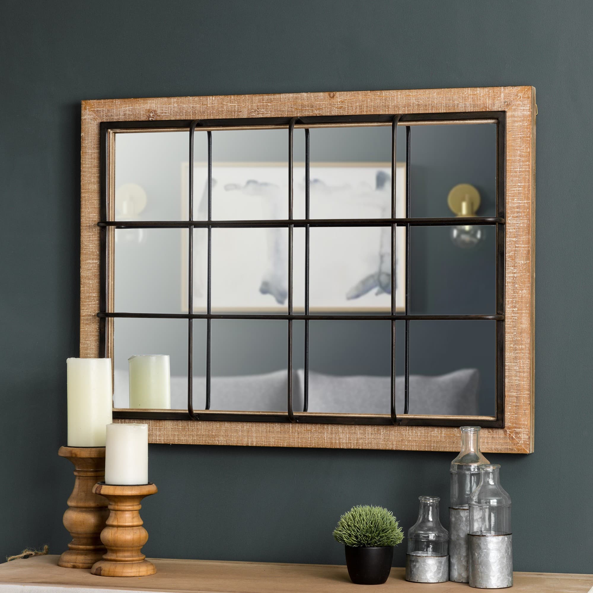 Glitzhome® 31.5" Farmhouse Wooden & Metal Windowpane Rectangular Wall Mirror