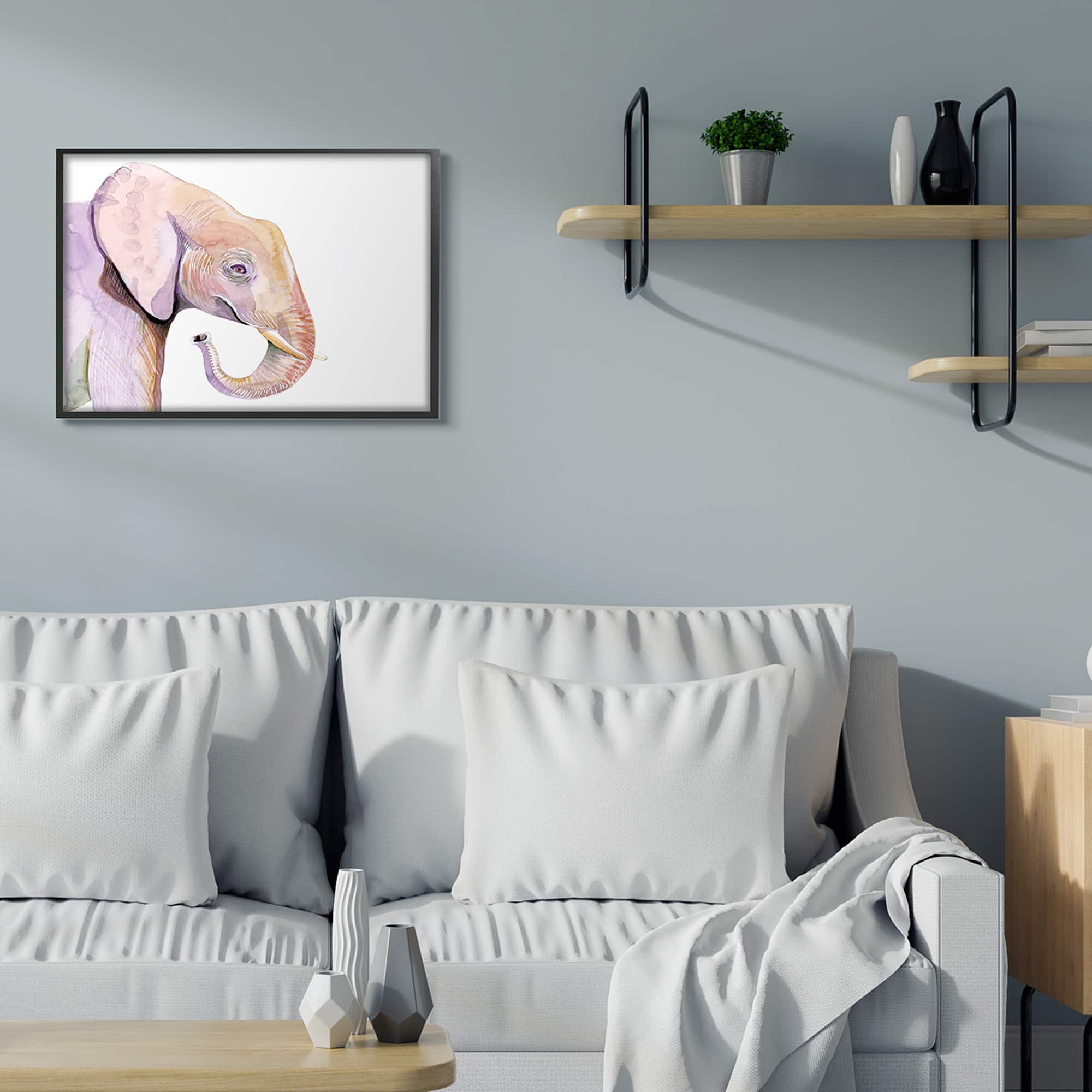 Stupell Industries Happy Elephant Smile Purple Red Safari Animal in Black Frame Wall Art