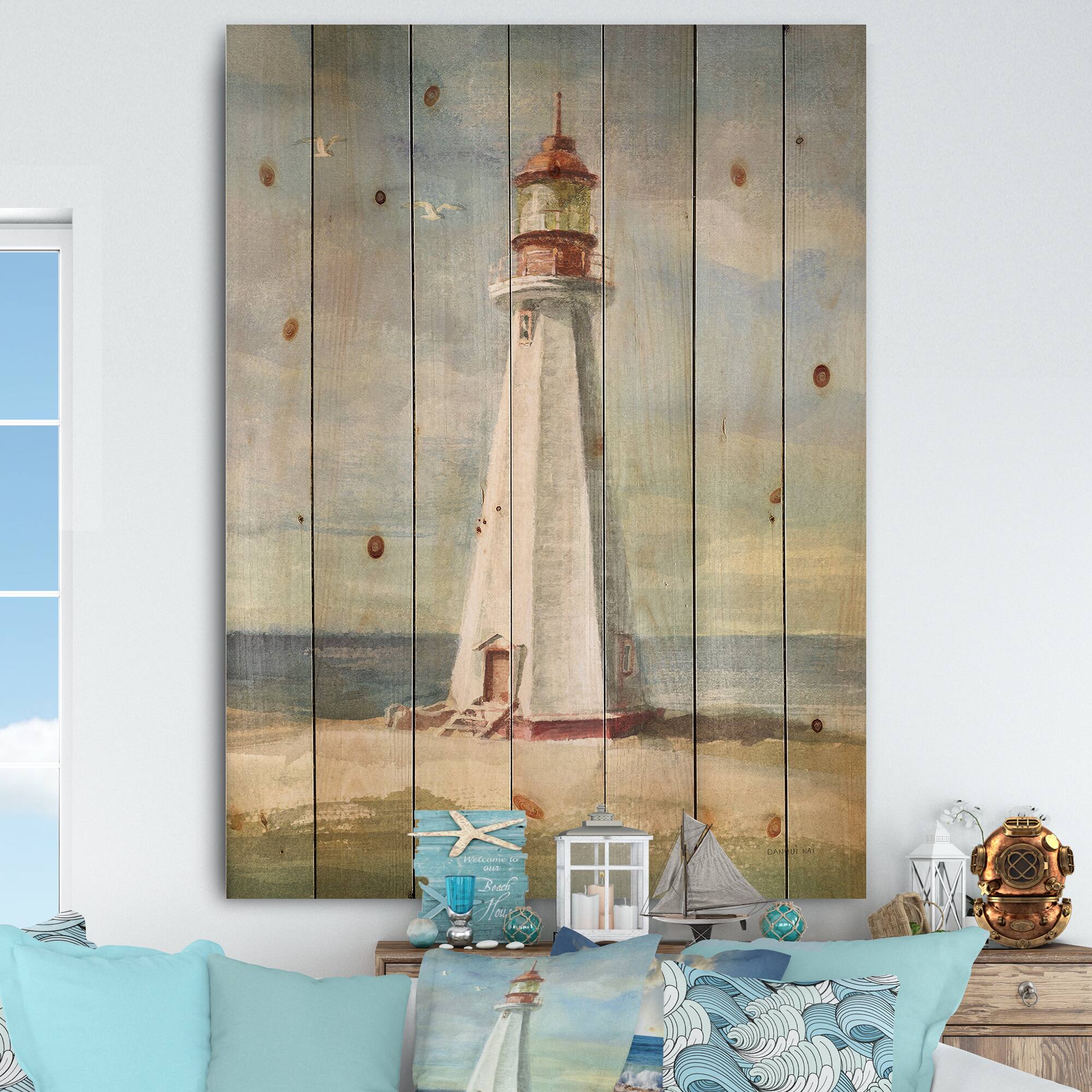 Designart - Nautical Lighthouse III - Nautical &#x26; Beach Print on Natural Pine Wood