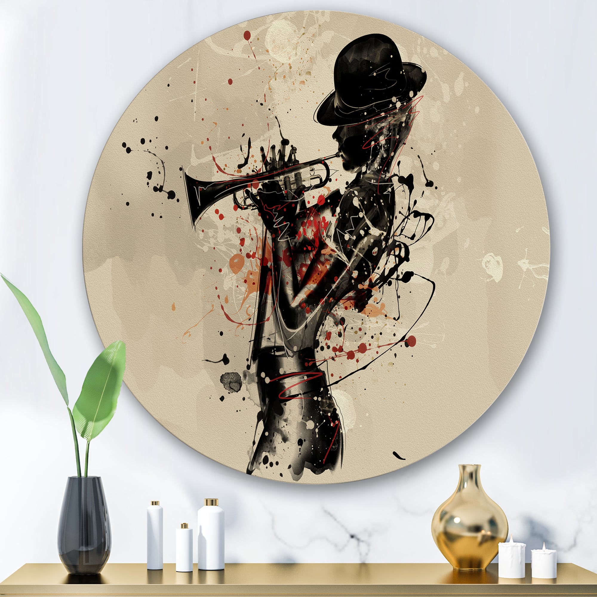 Designart - Woman Playing Jazz Trumpet - Modern Metal Circle Wall Art