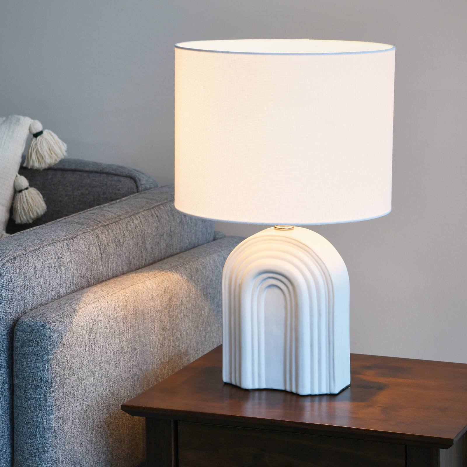 Hello Honey&#xAE; 19&#x22; Carved Arch Stoneware Table Lamp with Linen Drum Shade