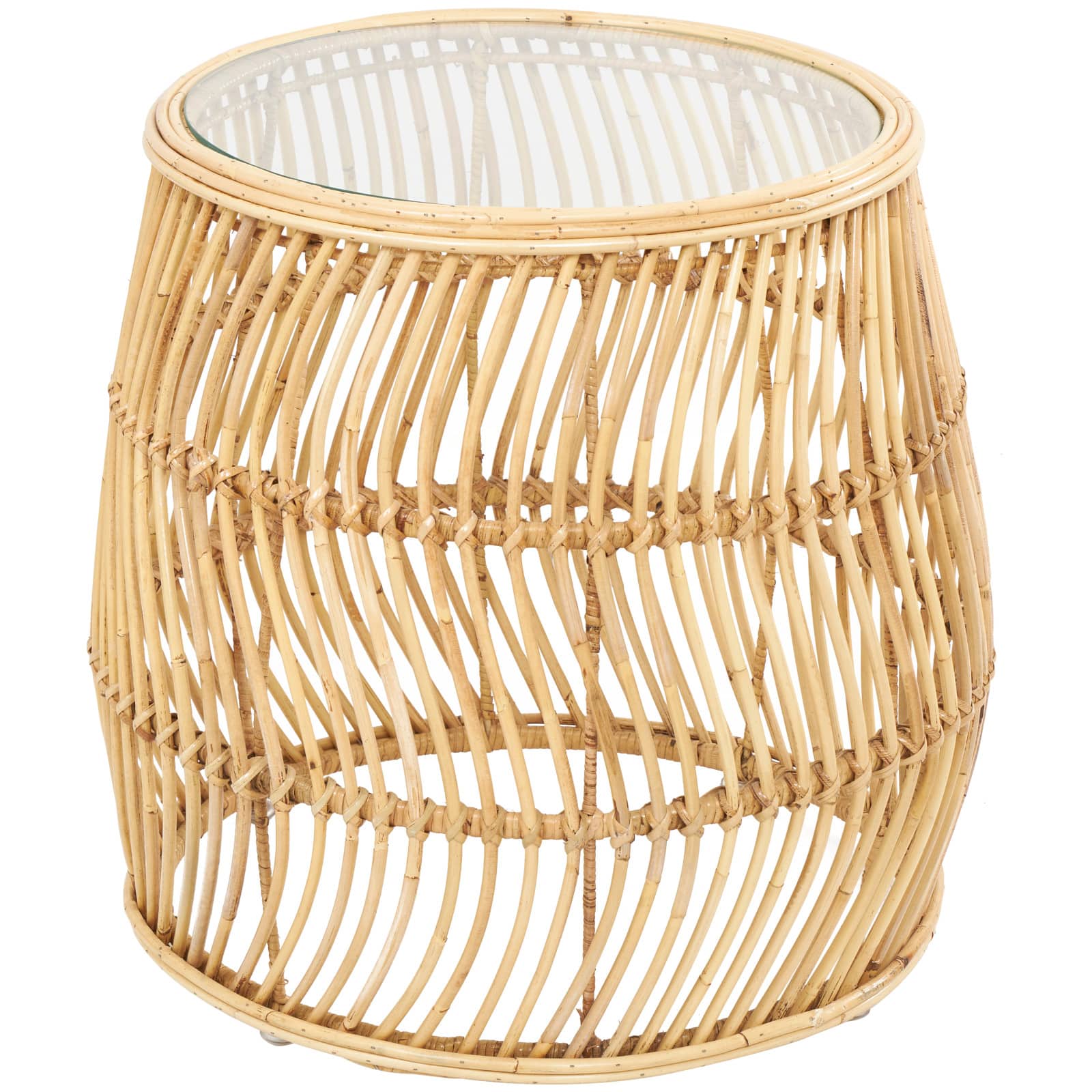 Brown Rattan Handmade Wavy Woven Accent Table with Glass Top