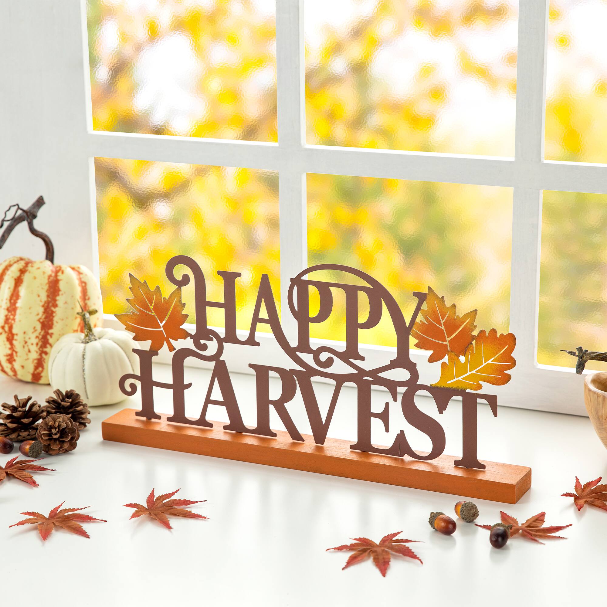 Glitzhome® 18" Wood & Metal Happy Harvest Table Décor