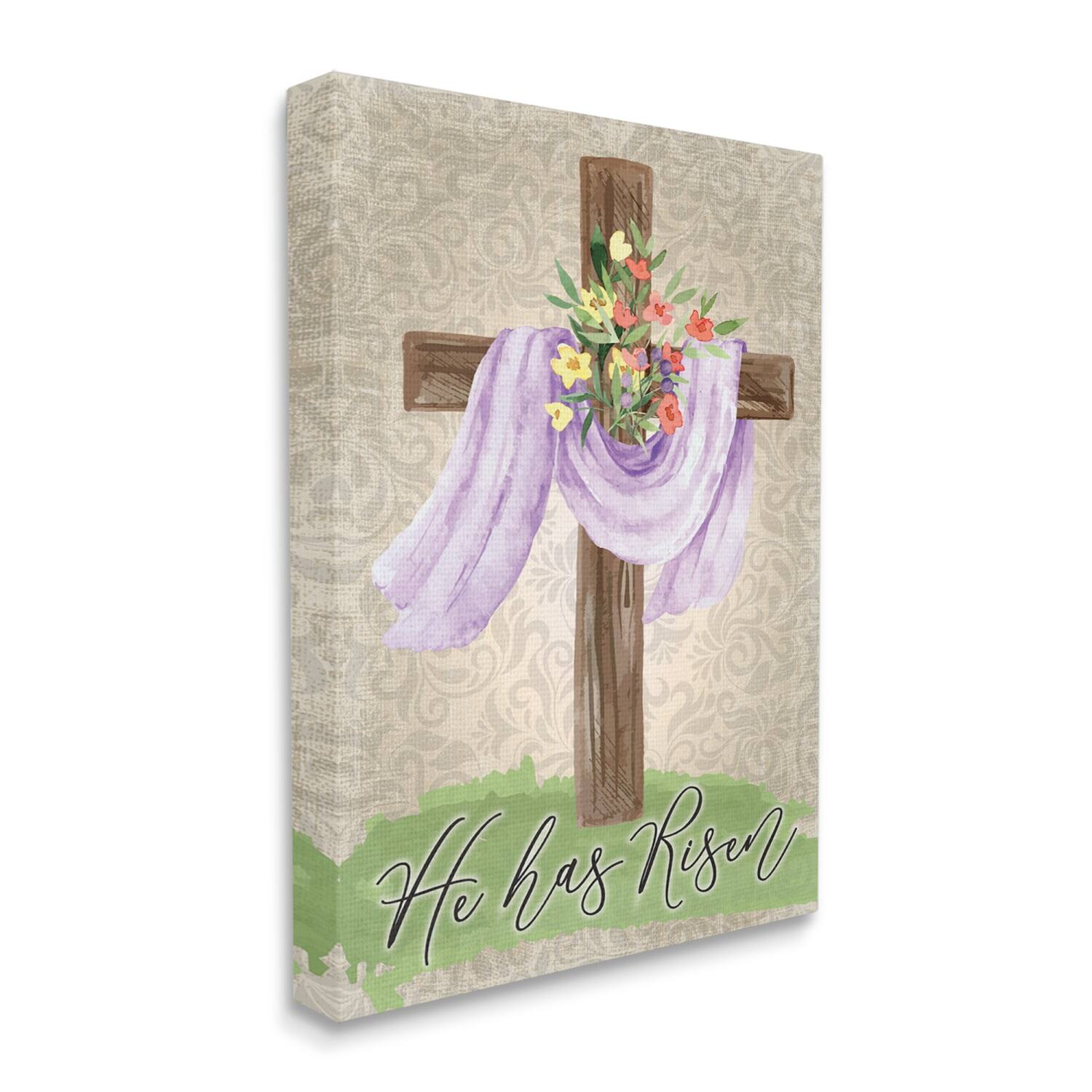 Stupell Industries He Has Risen Spring Floral Cross Brown Damask Pattern Canvas Wall Art