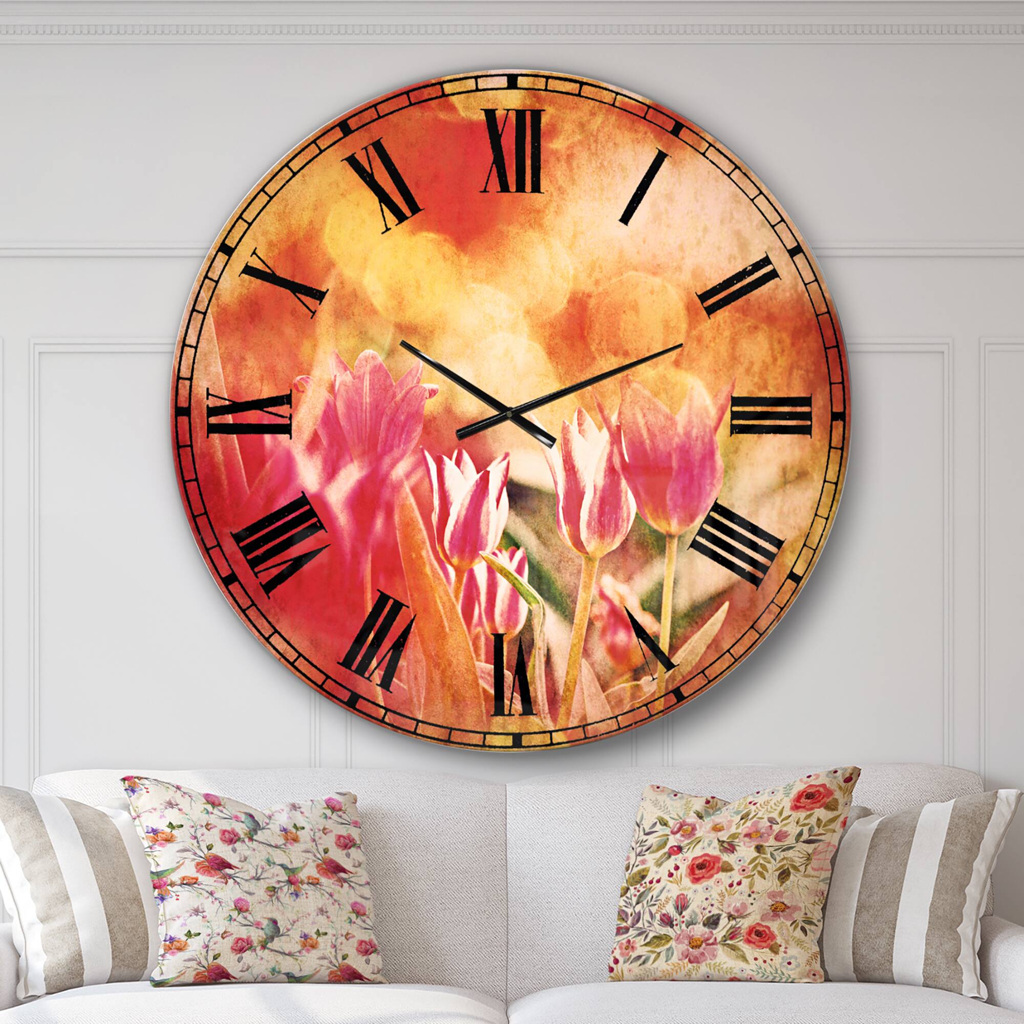 Designart 'Tulips On Abstract Red Background Traditional Wall Clock