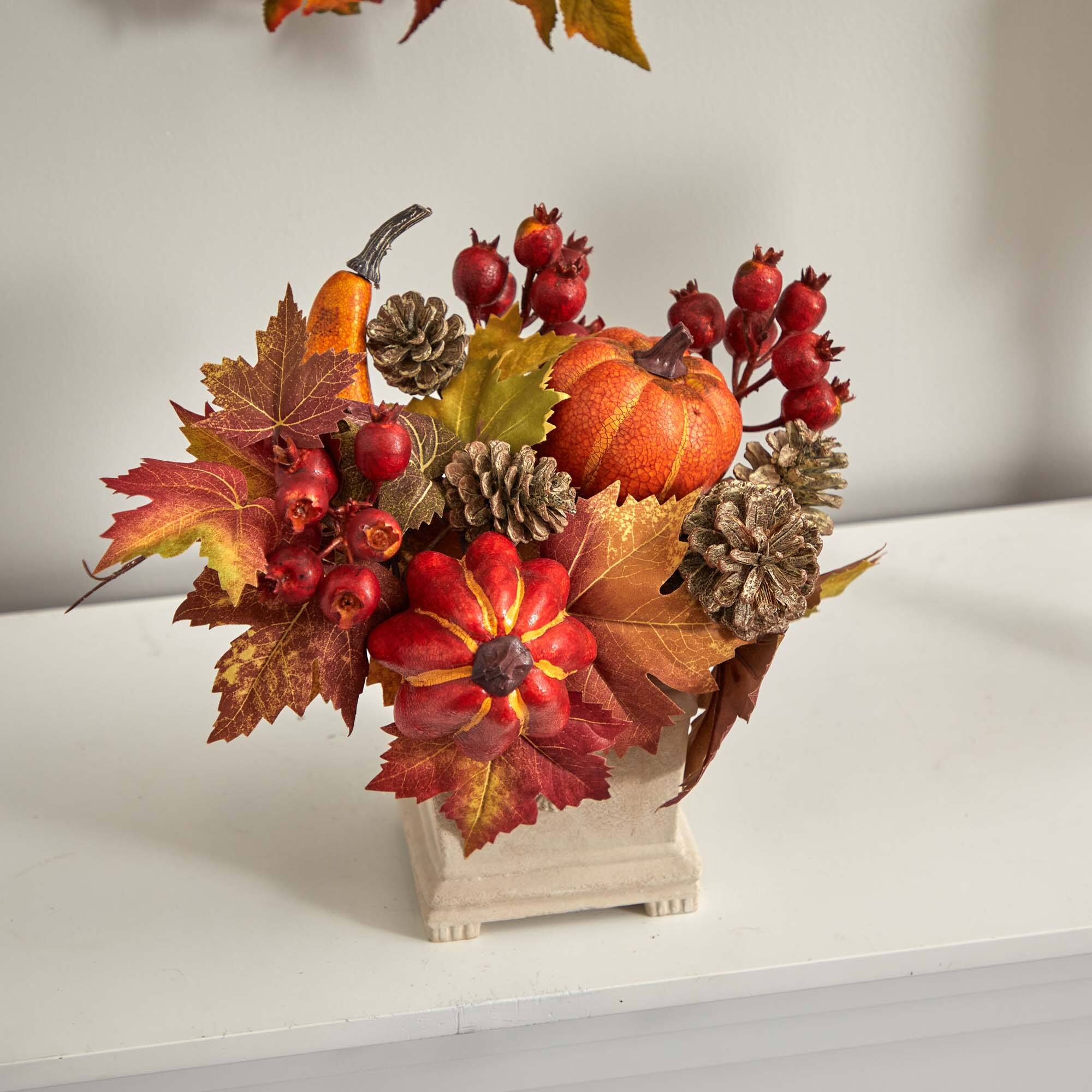 11" Pumpkin, Gourd, Berry & Maple Leaf Arrangement
