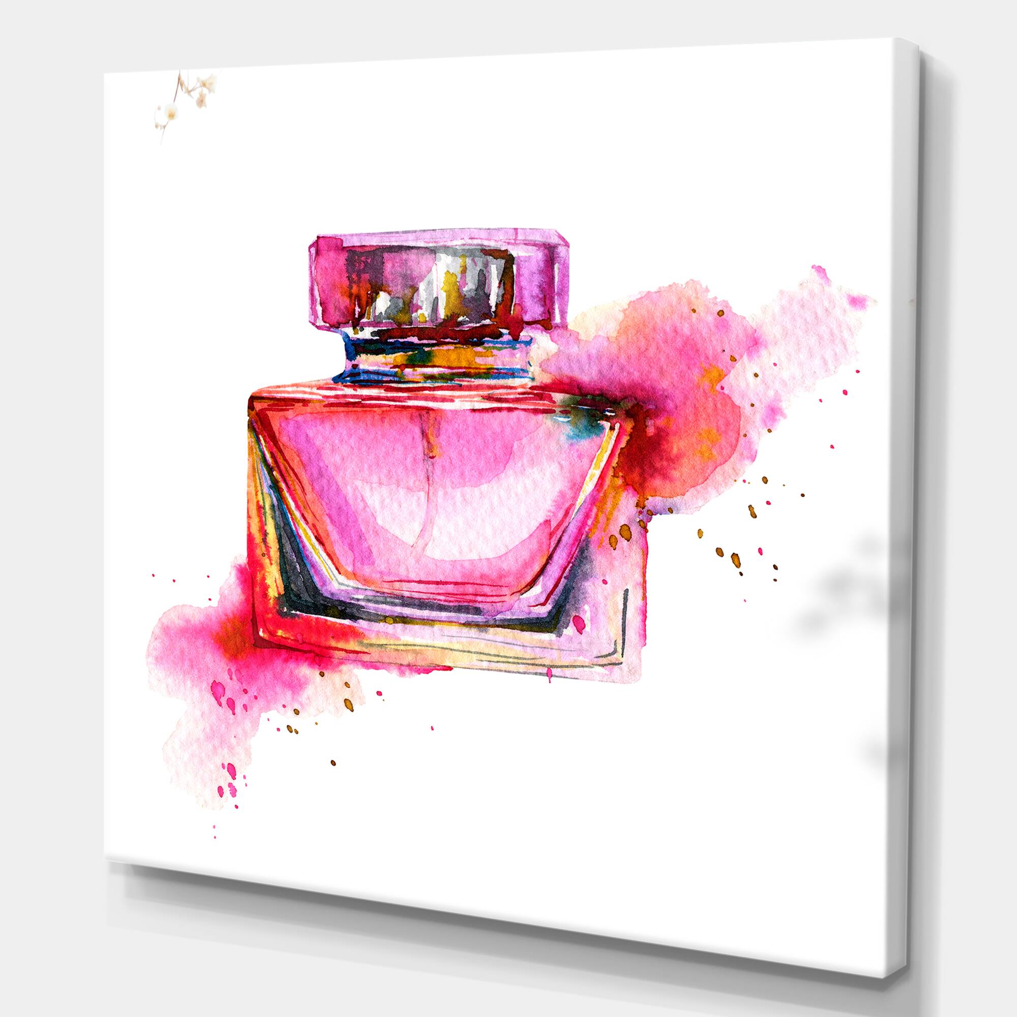 Designart - Bottle Of Perfume In Pink Watercolor - Modern Canvas Wall Art Print