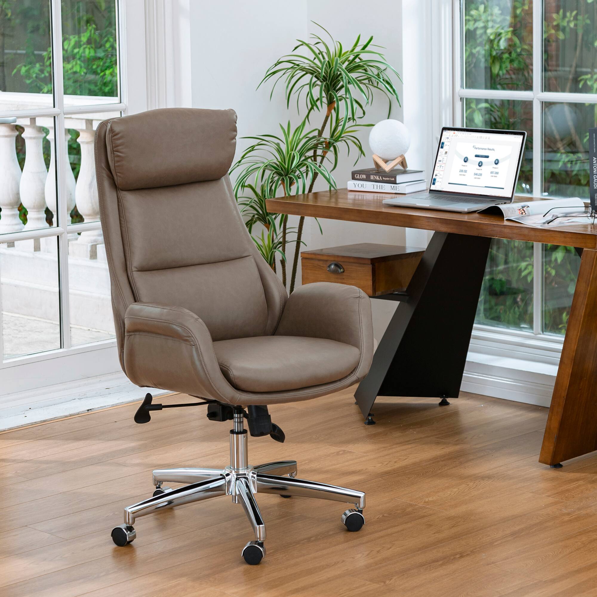 Glitzhome&#xAE; Mid-Century Modern Faux Leather Adjustable High Back Swivel Office Chair