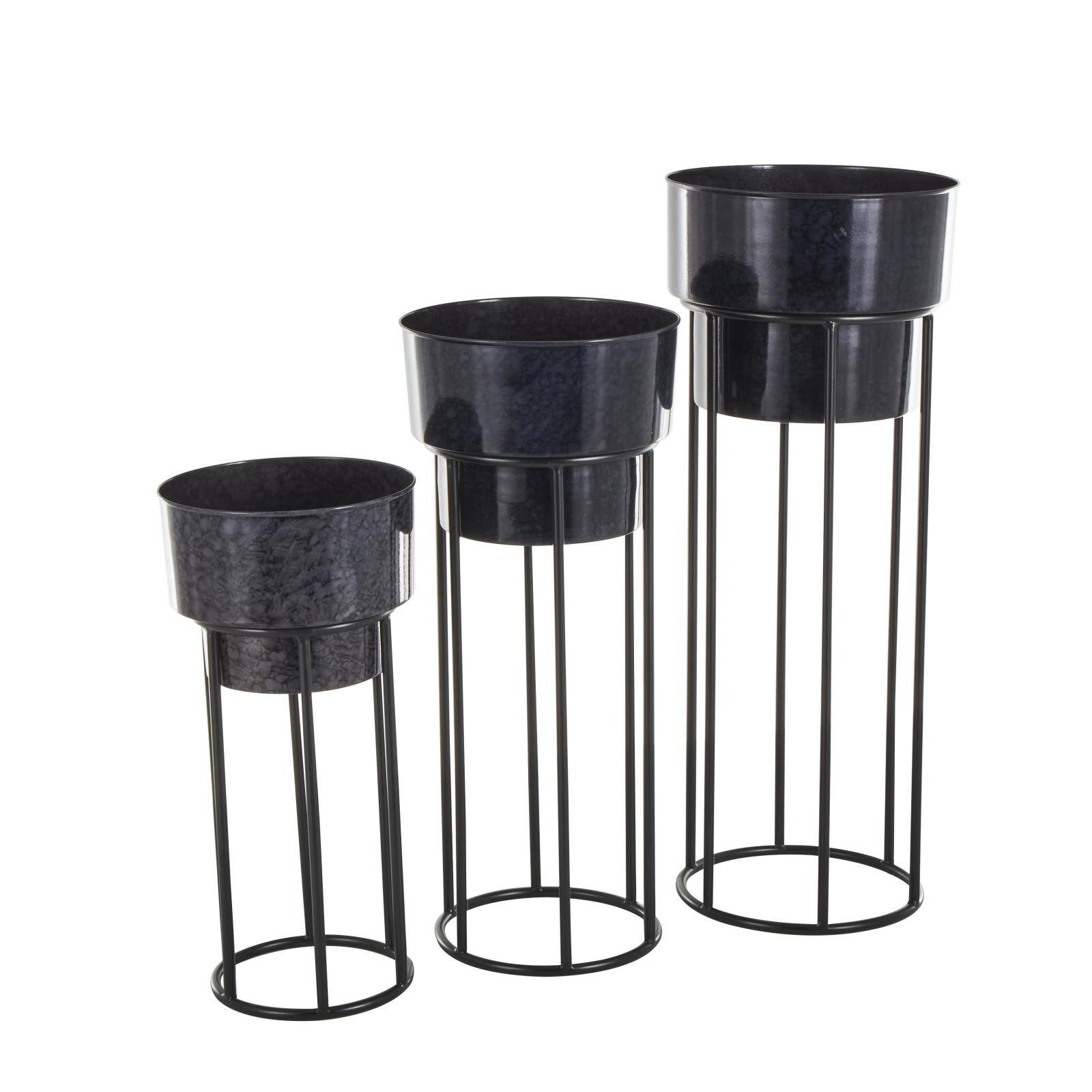 Black Metal Wash Textured Planter with Open Framed Black Caged Base Set