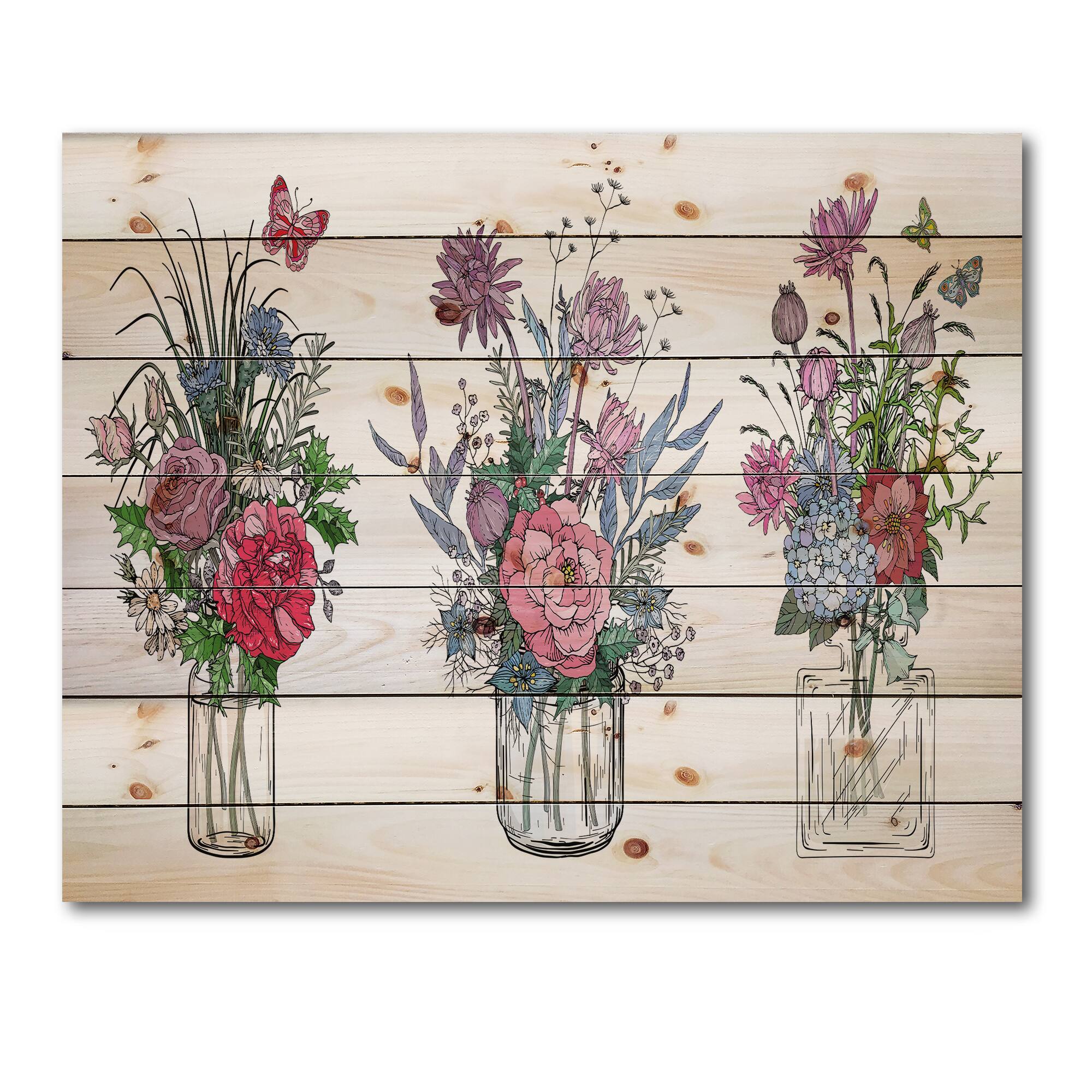 Designart - Bouquets of Wildflowers In Transparent Vases I - Farmhouse Print on Natural Pine Wood