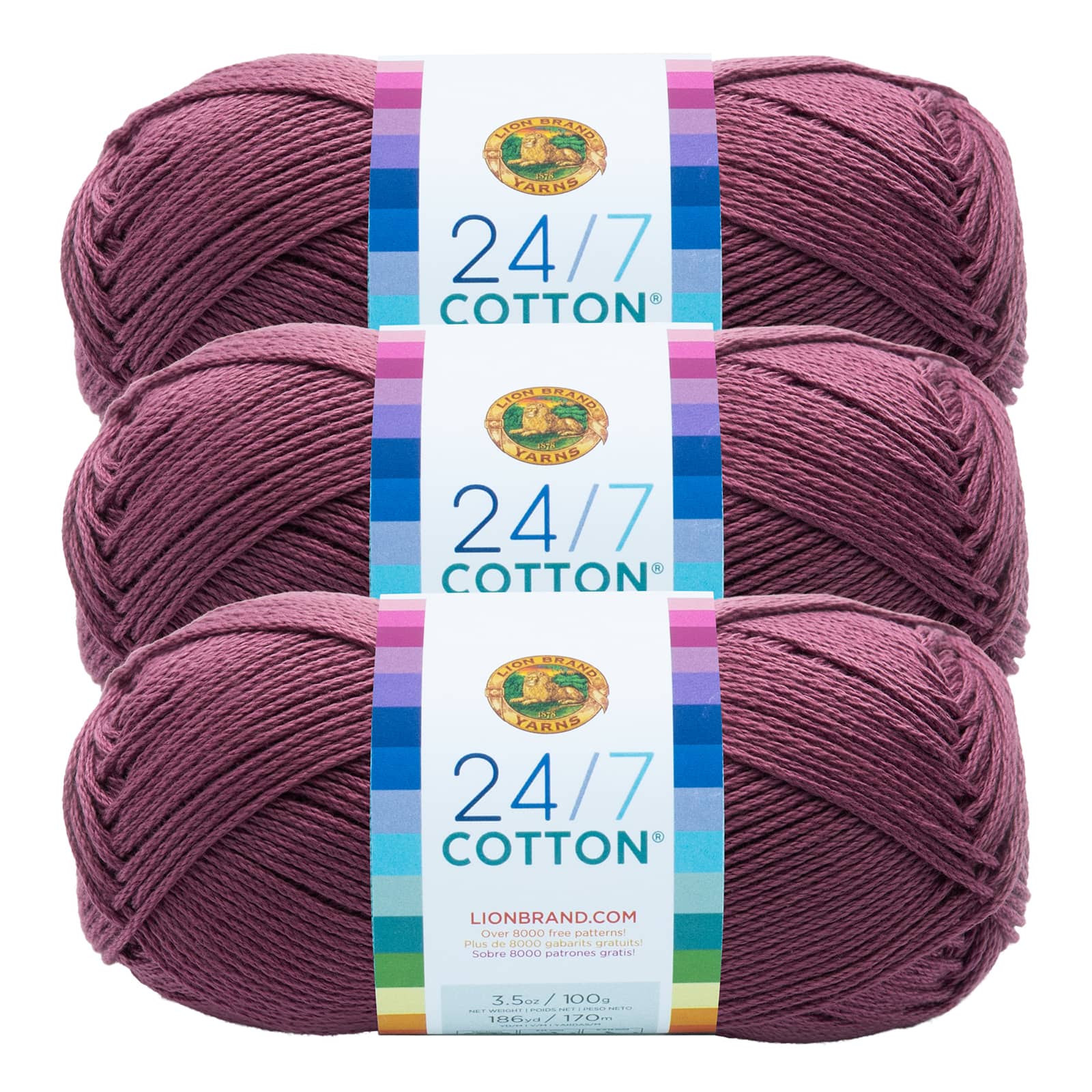 (3-pack) Lion Brand Yarn 761-143 24/7 Cotton Yarn, Lilac - Purple