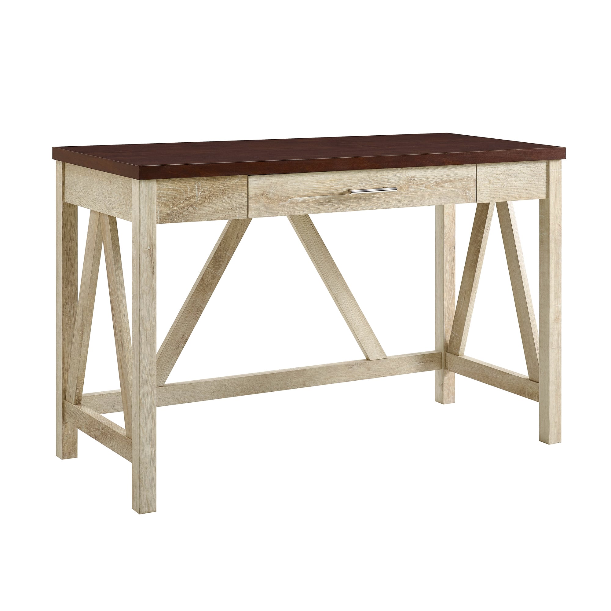 Walker Edison 46&#x22; White Oak/Traditional Brown A Frame Wood Computer Desk with Drawer